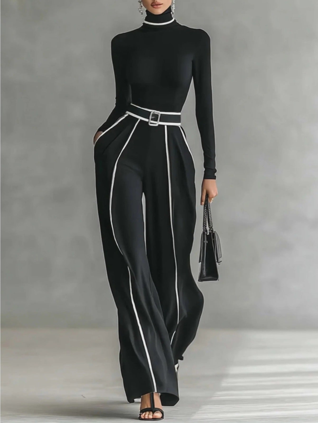 Magic Mia Women's Black Wide-Leg Pants - High Waist with White Piping & Belt Detail | Tailored Elegant Fit for Office Commute, Casual Daily & Fashion Styling (Flowy Fabric & Figure-Flattering) for Sophisticated Looks