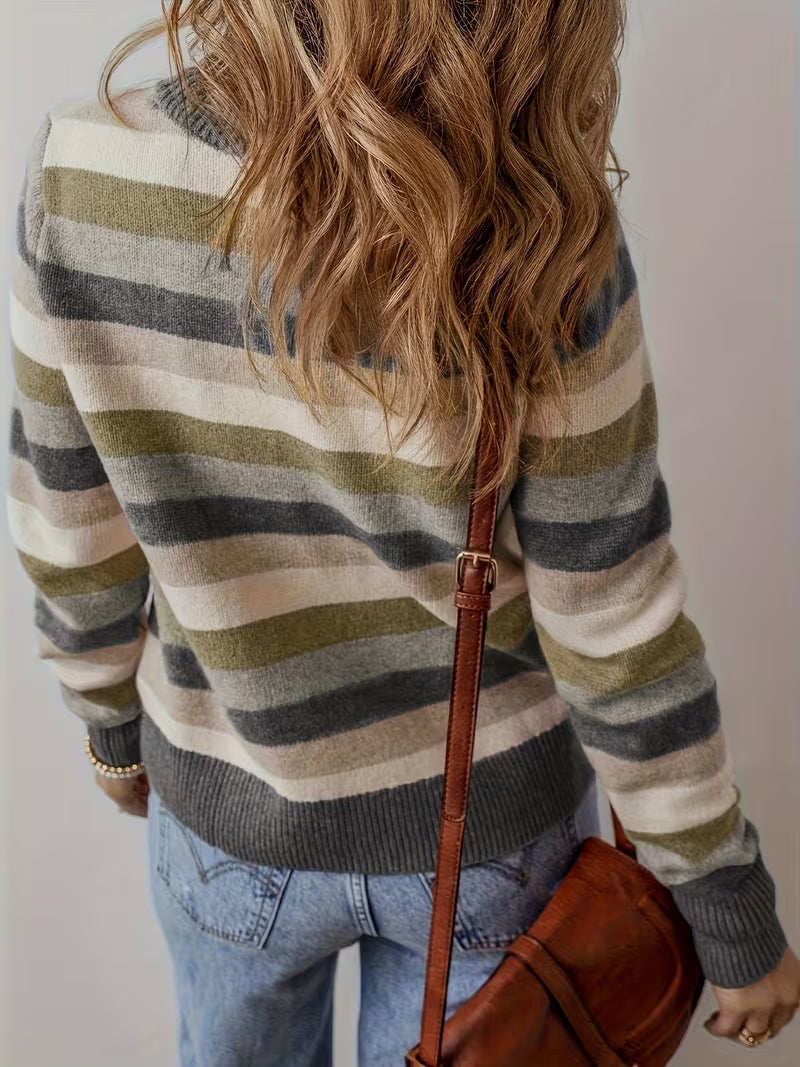 Women'S Elegant Beige Brown Gray Horizontal Striped Sweater Jacket - Soft Round Neck Long Sleeve All-Season Blazer, Cozy Casual to Dressy Tunic Top, Versatile Blazer for Everyday & Formal Wear, Hand Wash/Dry Clean