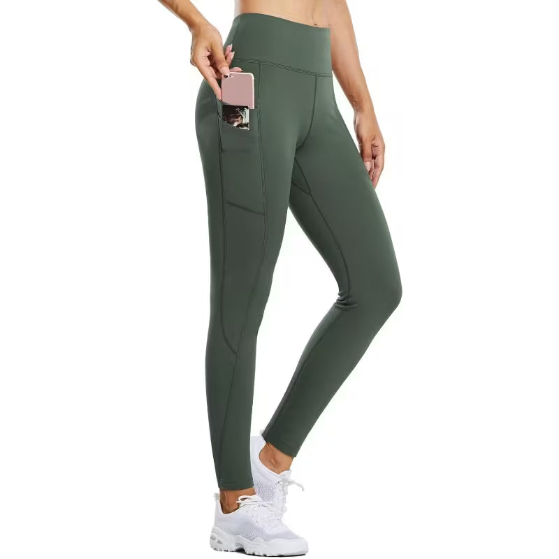 Women'S High-Waisted Fleece-Lined Thermal Winter Leggings - Water-Resistant Warm Tights with Pockets, Olive Green & Multi-Color Options, 4-Way Stretch for Running, Gym, Outdoor Sports & Casual Wear - Durable Cold Weather Athletic Pants