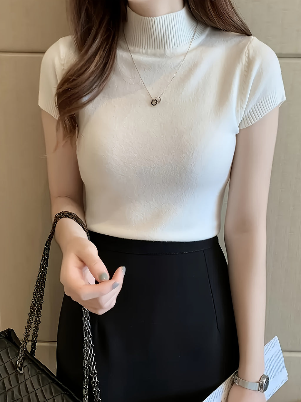 Women's Chic Sweater - Stretchy Office to Party Top, Non-See-Through Slim Fit Shirt for Spring\u002FSummer\u002FFall, Machine Washable Everyday & Formal Outfits, Seasonal Fashion, Highneck Design, Comfortable Wear