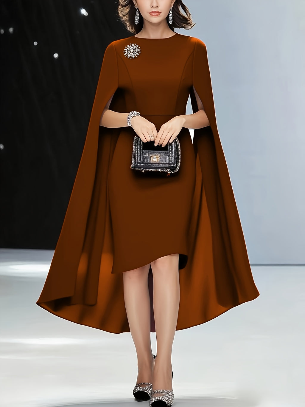 Women'S Elegant Solid Brown Dress with Puff Sleeves & Zipper Back - Round Neck, Flared Hem, All-Season Versatile Formal & Casual Outfits, Chic Office Attire, Comfortable Fabric