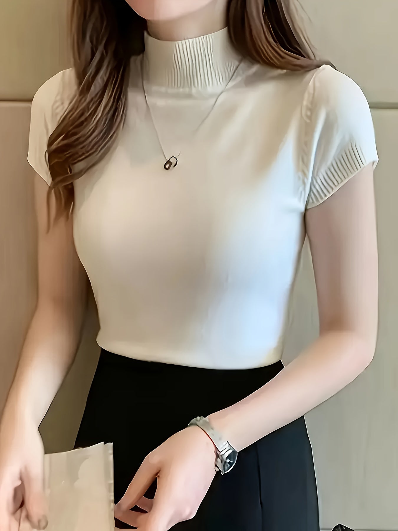 Women's Chic Sweater - Stretchy Office to Party Top, Non-See-Through Slim Fit Shirt for Spring\u002FSummer\u002FFall, Machine Washable Everyday & Formal Outfits, Seasonal Fashion, Highneck Design, Comfortable Wear