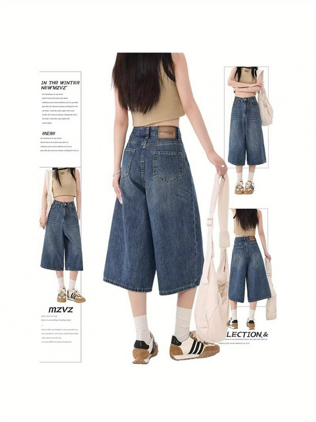 Loose Wide-Leg Cropped Jeans Women- Summer New High-Waist Retro Style Washed Distressed Straight Leg Bermuda Shorts Fit