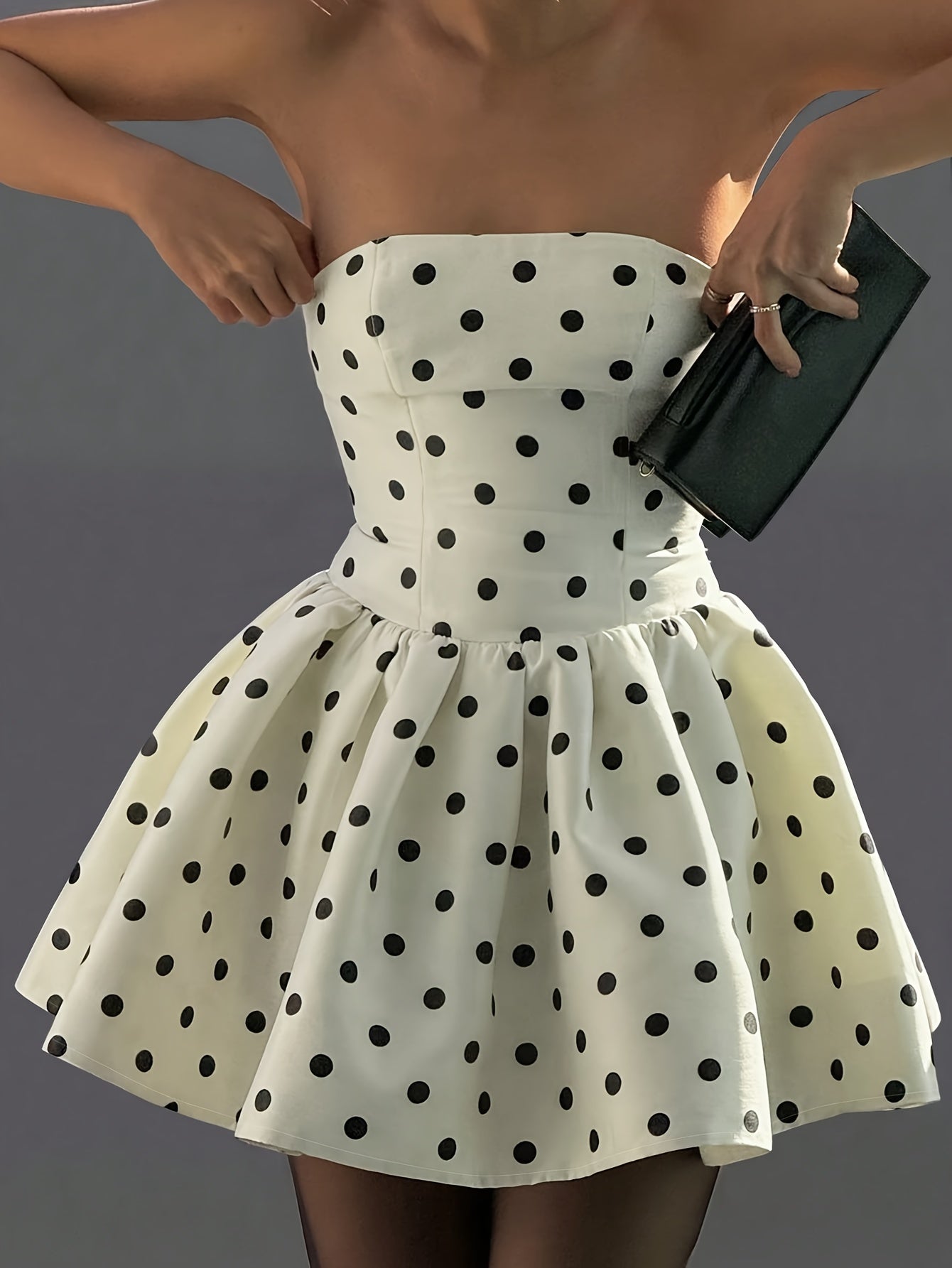 Elegant Off-Shoulder Polka Dot Mini Dress with Back Bow Detail - A-Line Mini Dress for Women, Perfect for Spring\u002FSummer\u002FFall, White with Black Dots, Polyester Fabric, Cute Dresse