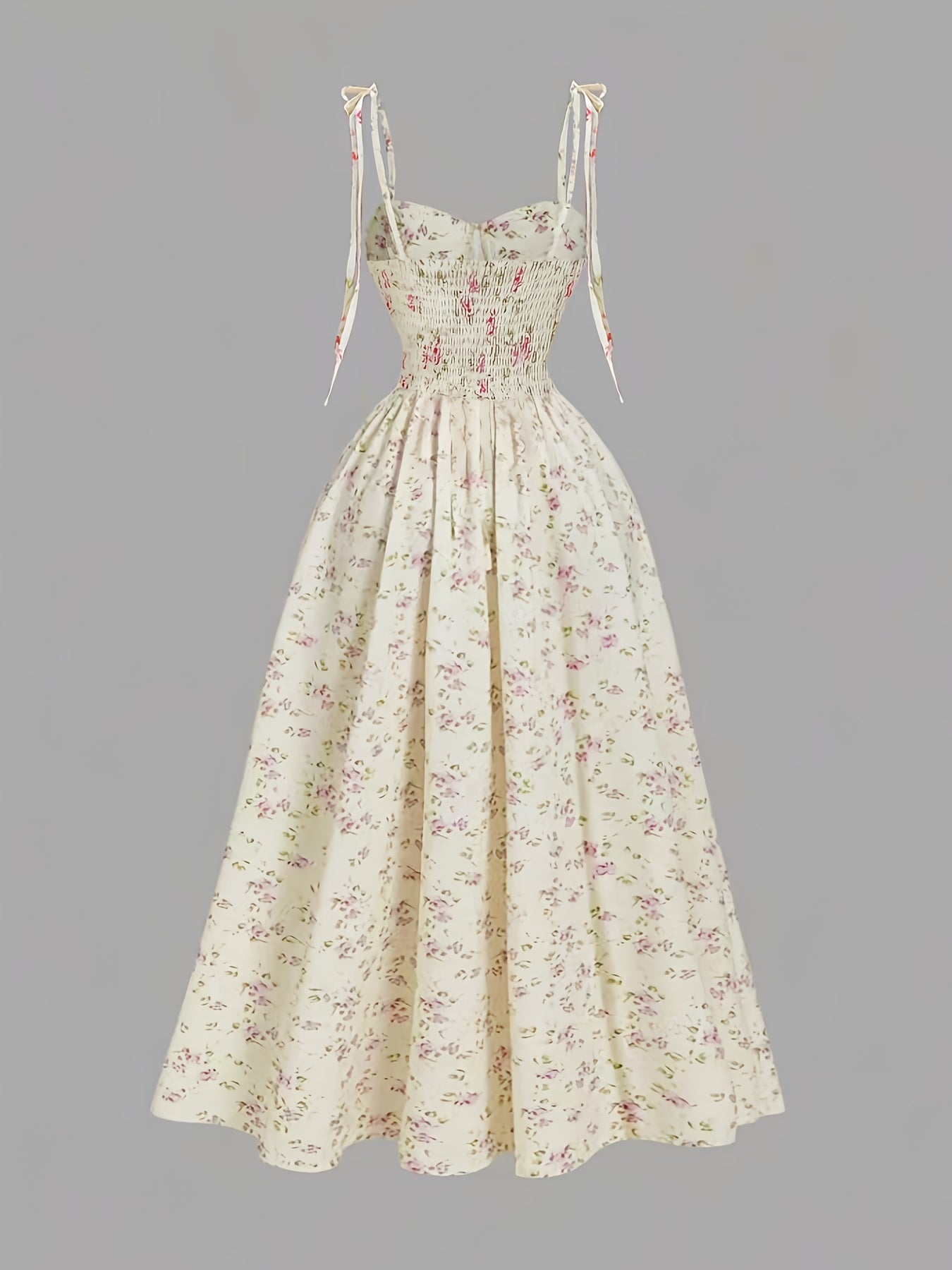 Women'S Elegant French Floral Print A-Line Maxi Dress with Spaghetti Strap & Waist Tie Belt - Pink & Floral Print Long Formal & Casual Evening Gown, Machine Washable For Parties, Office, Casual Attire - Spring\u002Ffall\u002Fsummer Seasonal Wear