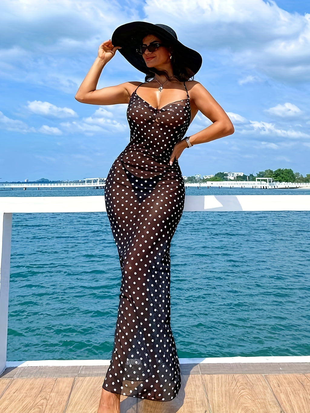 Women'S Elegant Polka Dot Slip Dress with Adjustable Thin Straps - Perfect for Summer Vacations, Beach Cover-Up, and Casual Outings, Beach Coverup Dress | Stylish Maxi Dress | Polyester Fabric