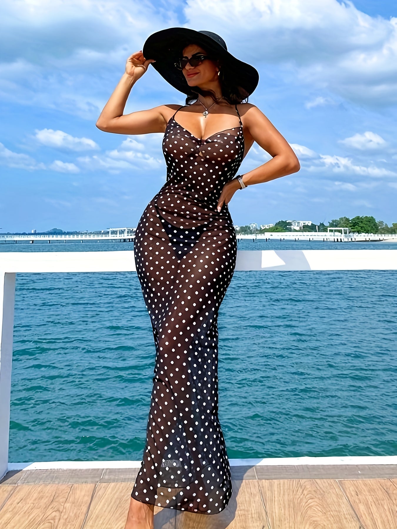 Women'S Elegant Polka Dot Slip Dress with Adjustable Thin Straps - Perfect for Summer Vacations, Beach Cover-Up, and Casual Outings, Beach Coverup Dress | Stylish Maxi Dress | Polyester Fabric