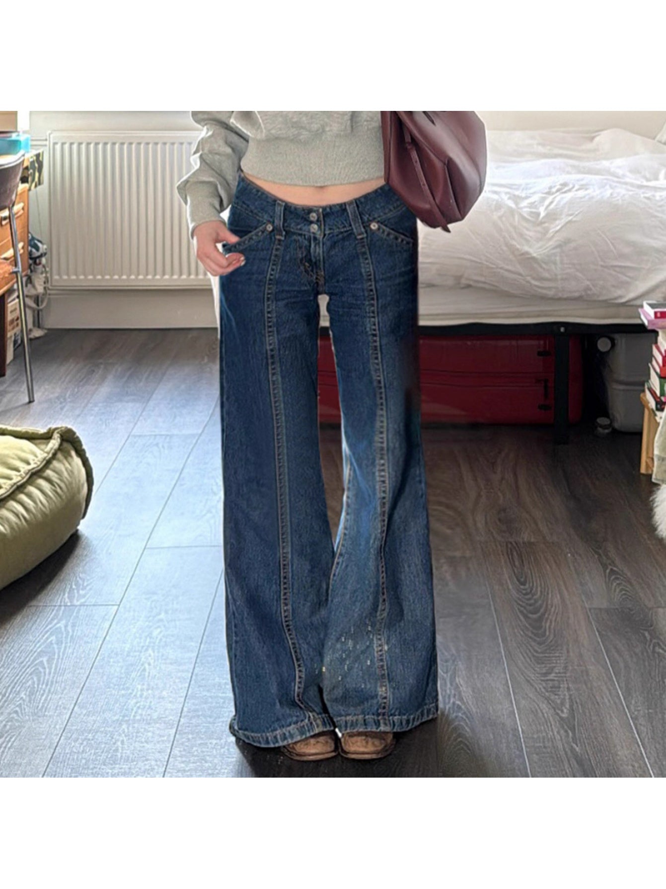2025 American Retro Style Tall Women's Autumn Low Waist Straight Design Floor-Length Flared Jeans