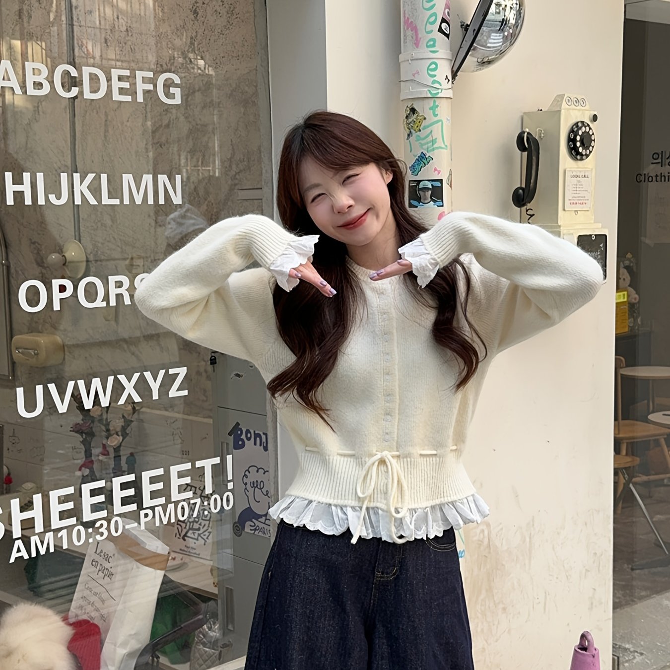 Women's Red Lace Trim Cardigan with Fitted Waist & Puff Sleeves - Cozy Machine-Washable Round Neck Sweater for Fall Winter Layering, Sweater Cardigan, Layering Piece, Crochet Texture, Textured Knitwear