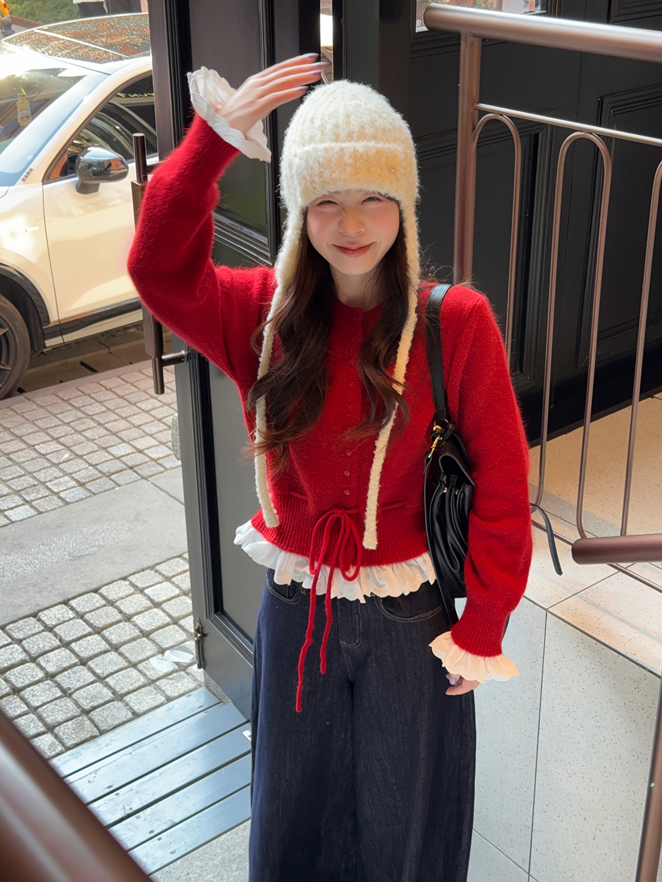 Women's Red Lace Trim Cardigan with Fitted Waist & Puff Sleeves - Cozy Machine-Washable Round Neck Sweater for Fall Winter Layering, Sweater Cardigan, Layering Piece, Crochet Texture, Textured Knitwear