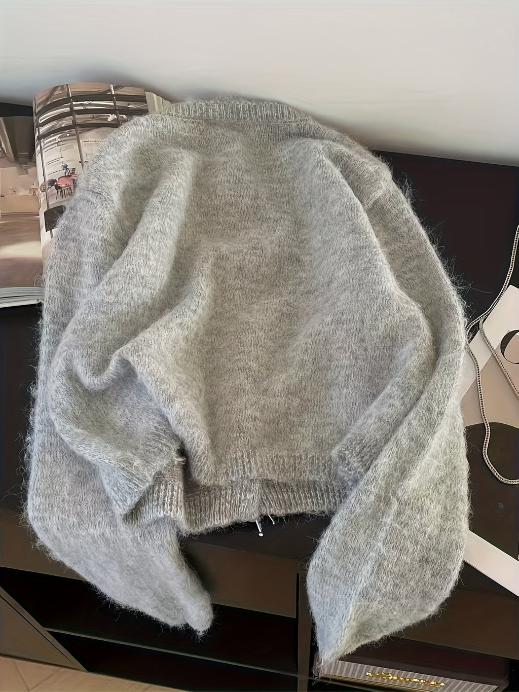 Women's Korean Inspired Elegant Winter Sweater - Soft Grey Round Neck Long Sleeve Button-Front Jacket-like Blazer, Korean Drama-Inspired Cozy Fall Winter Sweaters for Casual & Formal Events (Hand Wash\u002FDry Clean)