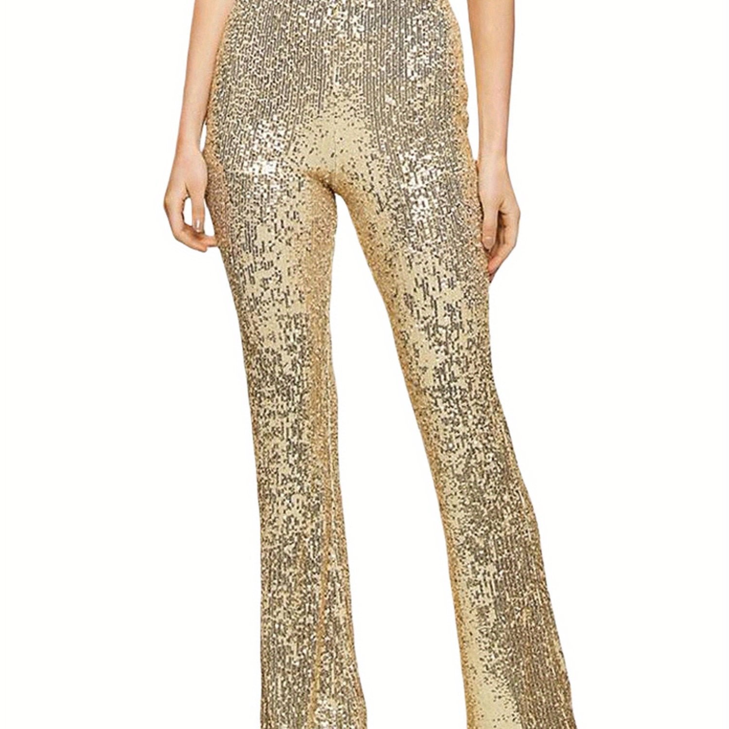 Women'S Elegant High-Waist Slim Flared Pants with Sequin Detail - Black, Elastic Waistband, Bell Bottoms for Spring\u002FSummer\u002FFall, Seasonal Fashion, Sophisticated Style, Glittery Finish