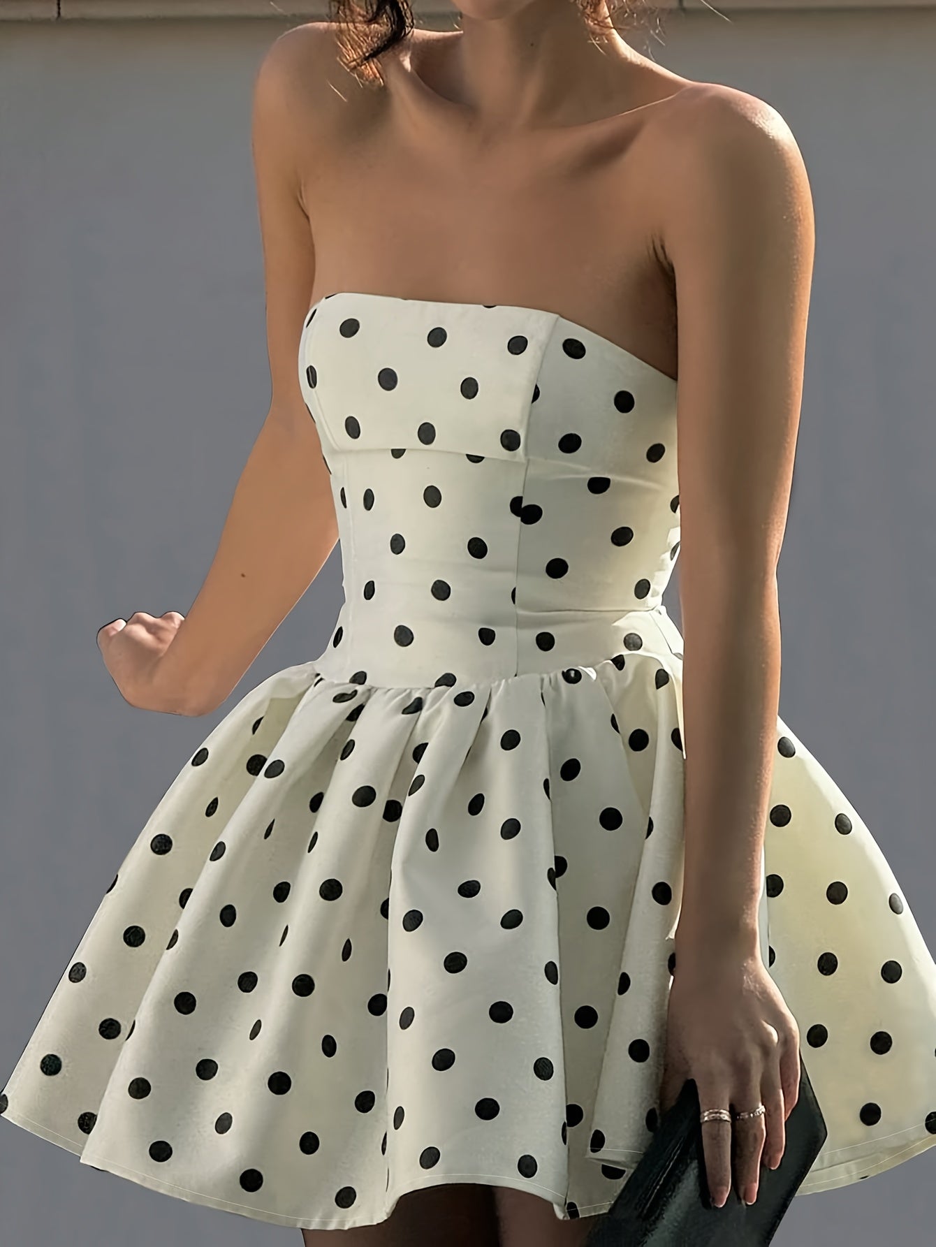 Elegant Off-Shoulder Polka Dot Mini Dress with Back Bow Detail - A-Line Mini Dress for Women, Perfect for Spring\u002FSummer\u002FFall, White with Black Dots, Polyester Fabric, Cute Dresse