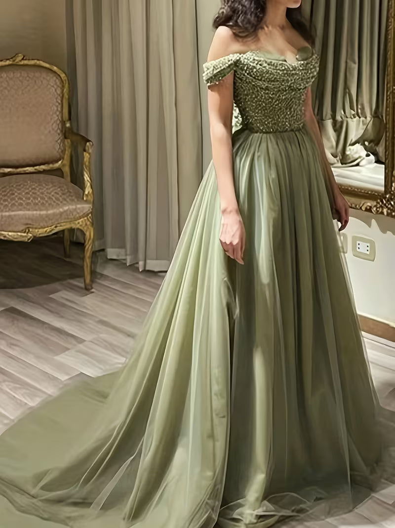 Elegant Green Tulle Women's Off Shoulder Gown Dress | High Waisted Bridal Wedding Trailing Dress, Formal Evening Party Dresses | Suitable For Lawn Wedding, Dinner, Homecoming, Prom, Engagements, Bridesmaid Dresses