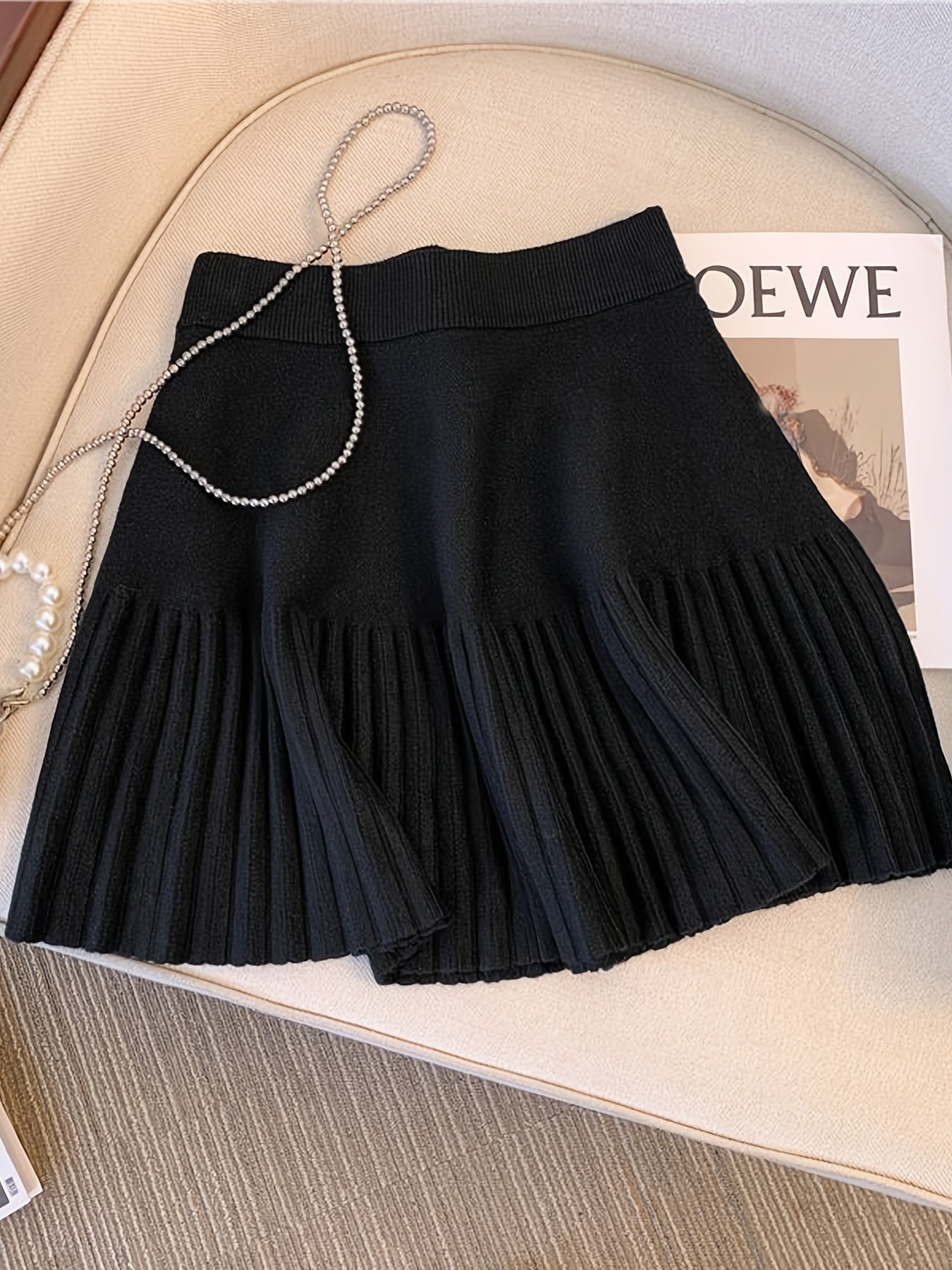 Women'S High-Waist Pleated Skirt - Cozy Black A-Line Mini Skirt for Fall & Winter, Casual Style with Fringe Detail, Perfect for Casual Attire, Cozy Clothing | Fringe Skirt | Construction, High Waisted Skirt