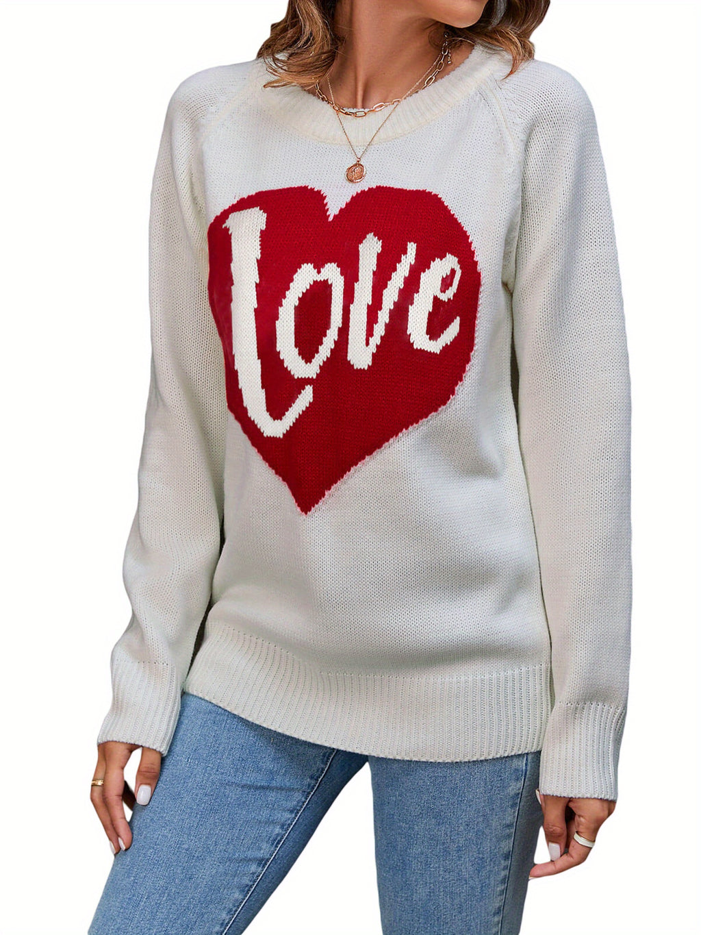 1pc Vintage Style Women'S Knit Sweater with Heart-Shaped