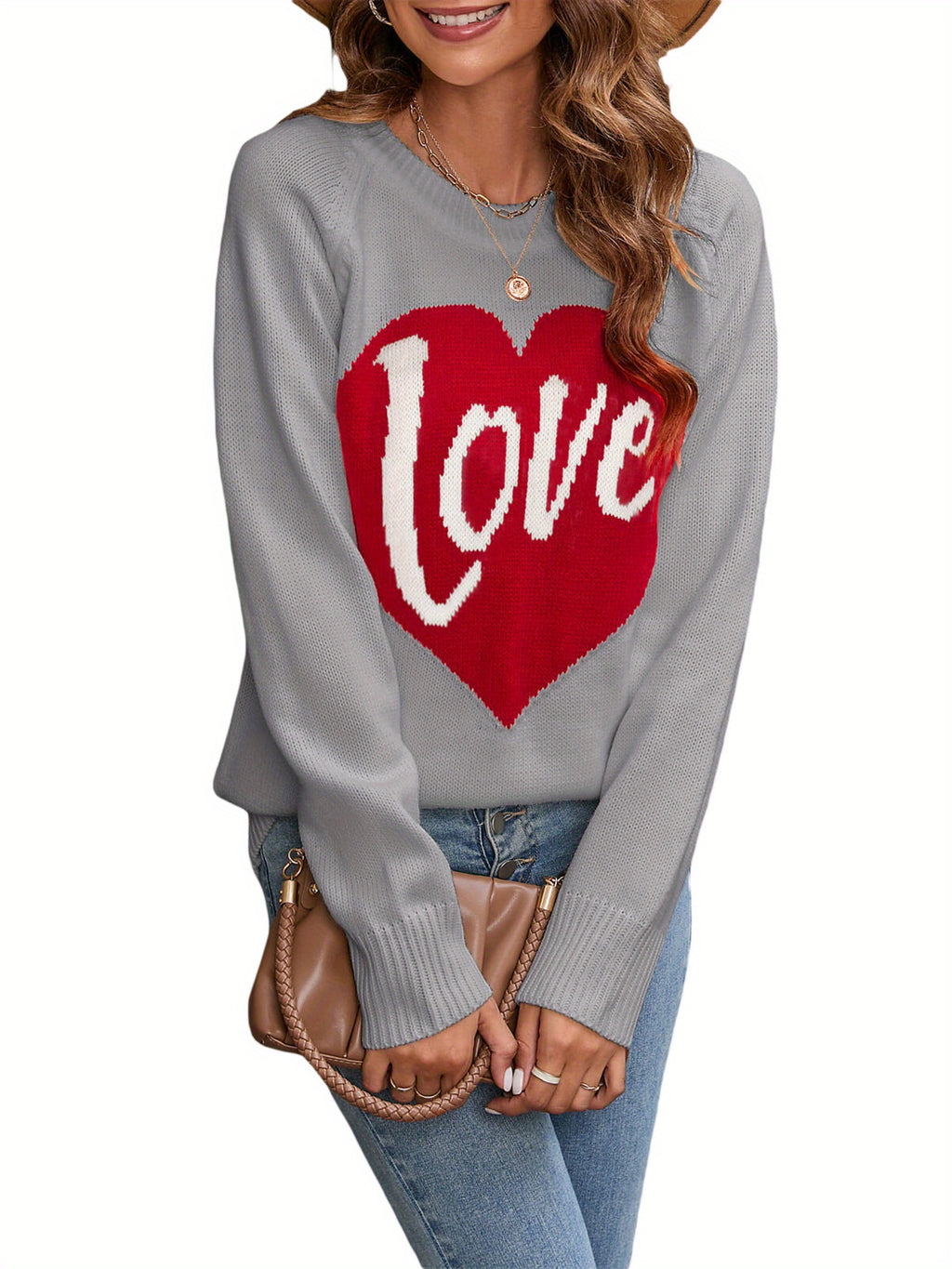 1pc Vintage Style Women'S Knit Sweater with Heart-Shaped