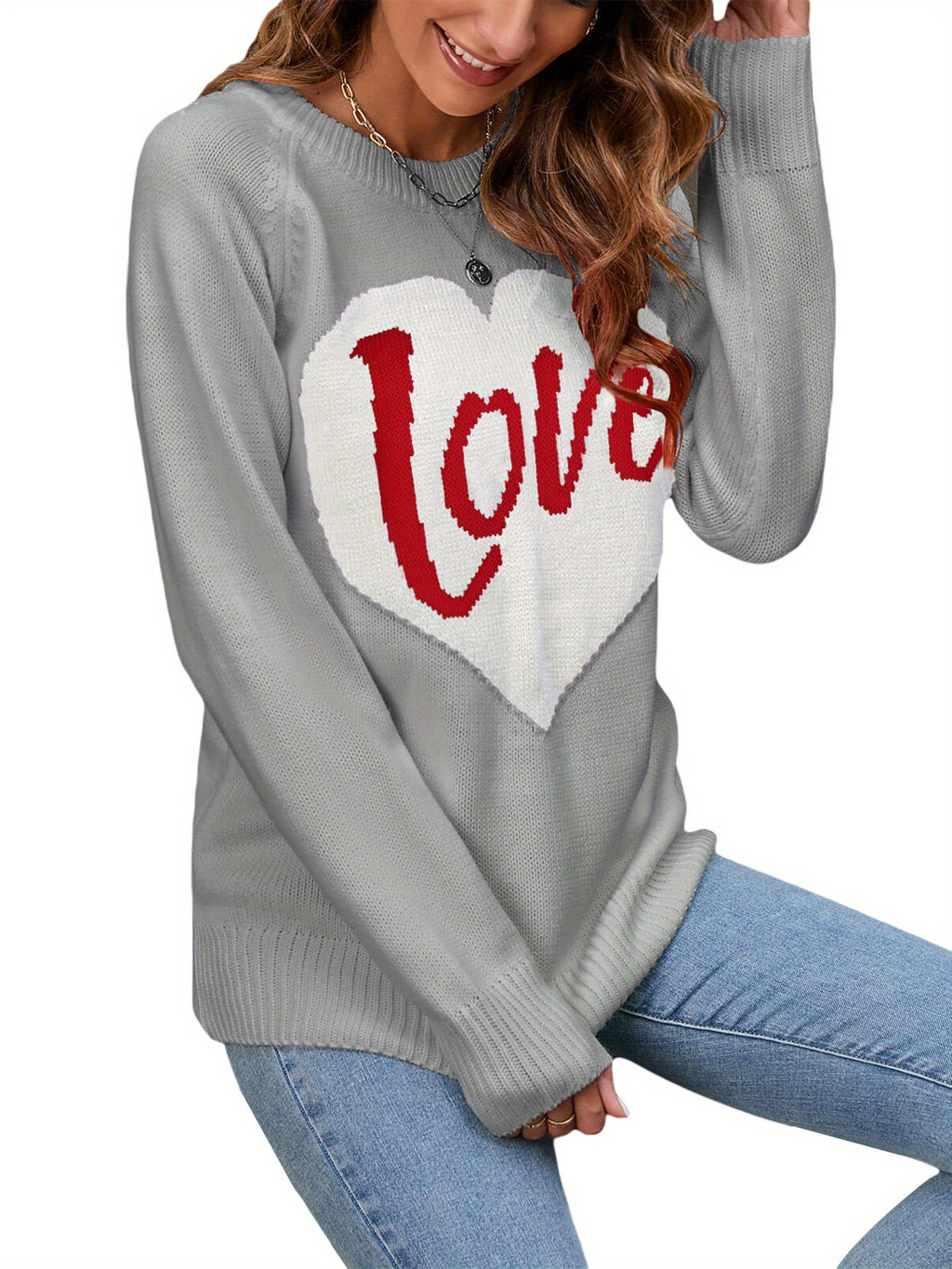 1pc Vintage Style Women'S Knit Sweater with Heart-Shaped
