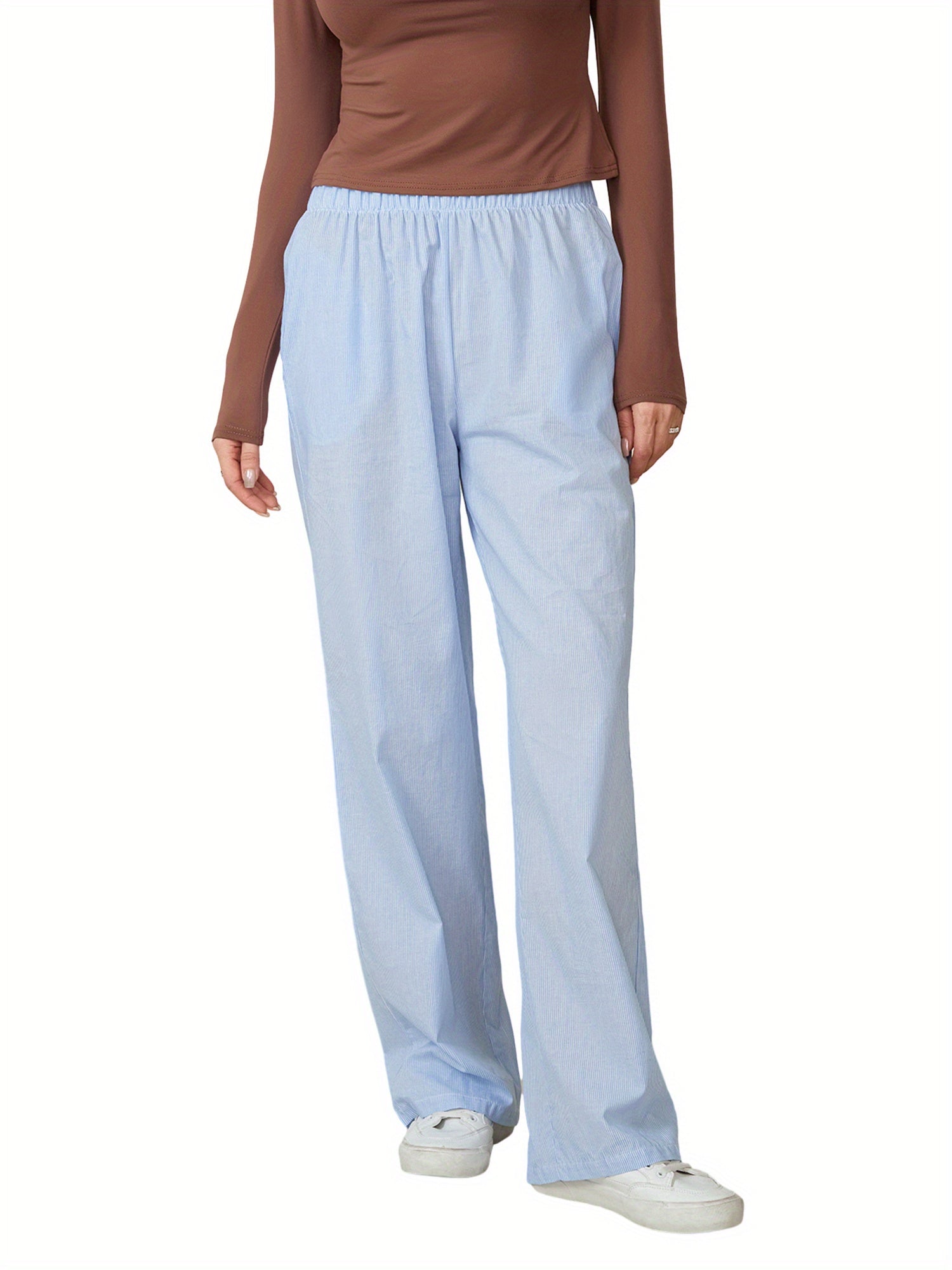 Women'S Wide Leg Pants, Casual Solid Color Straight Leg Trousers with Elastic Waist, Adult Lounge Pajama Bottoms - Woven, All-Season