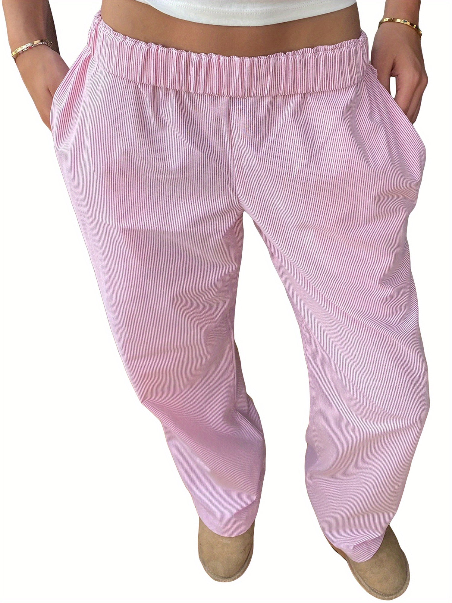 Women'S Wide Leg Pants, Casual Solid Color Straight Leg Trousers with Elastic Waist, Adult Lounge Pajama Bottoms - Woven, All-Season