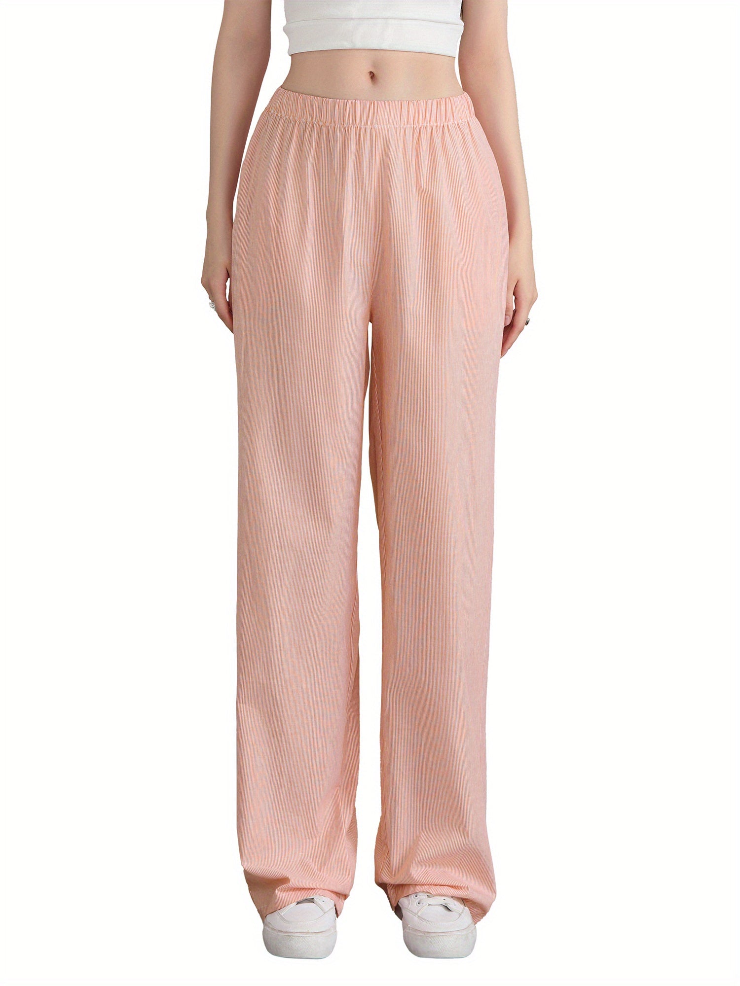 Women'S Wide Leg Pants, Casual Solid Color Straight Leg Trousers with Elastic Waist, Adult Lounge Pajama Bottoms - Woven, All-Season