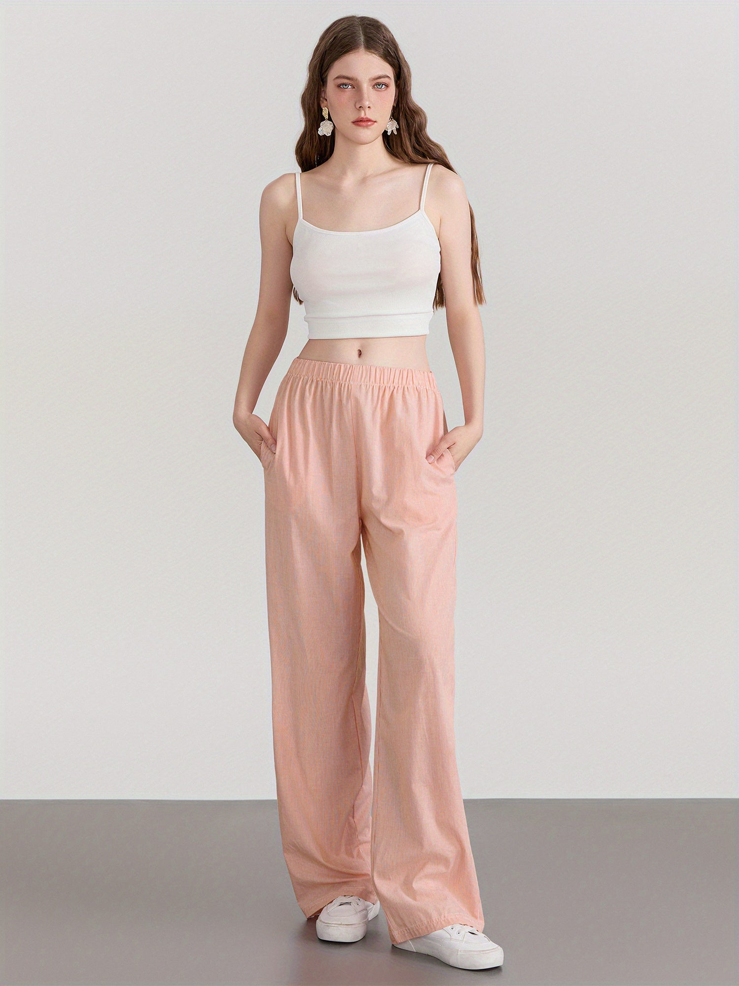 Women'S Wide Leg Pants, Casual Solid Color Straight Leg Trousers with Elastic Waist, Adult Lounge Pajama Bottoms - Woven, All-Season