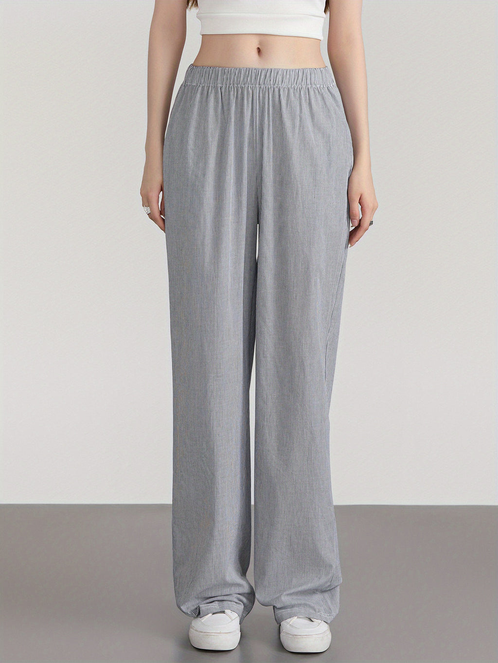 Women'S Wide Leg Pants, Casual Solid Color Straight Leg Trousers with Elastic Waist, Adult Lounge Pajama Bottoms - Woven, All-Season