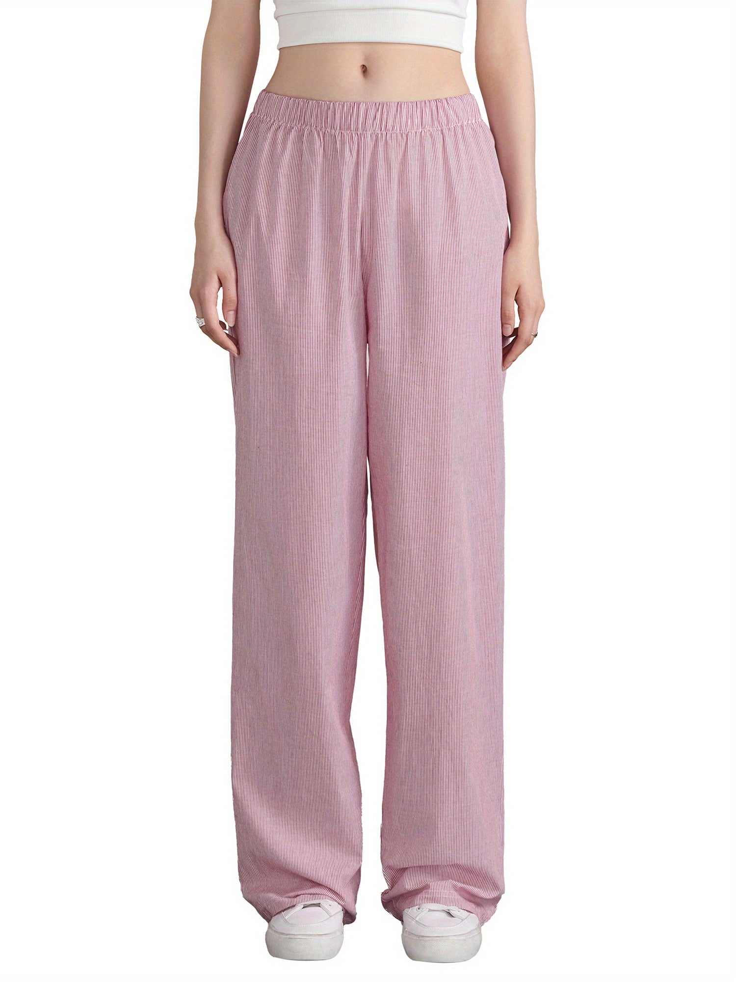 Women'S Wide Leg Pants, Casual Solid Color Straight Leg Trousers with Elastic Waist, Adult Lounge Pajama Bottoms - Woven, All-Season