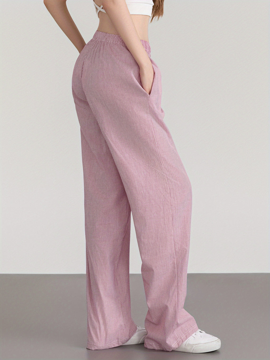 Women'S Wide Leg Pants, Casual Solid Color Straight Leg Trousers with Elastic Waist, Adult Lounge Pajama Bottoms - Woven, All-Season