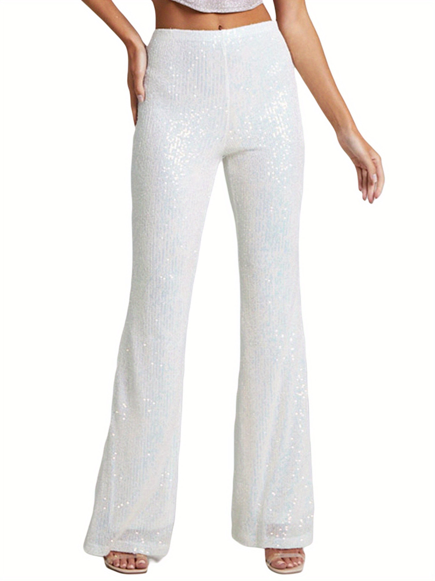 Women'S Elegant High-Waist Slim Flared Pants with Sequin Detail - Black, Elastic Waistband, Bell Bottoms for Spring\u002FSummer\u002FFall, Seasonal Fashion, Sophisticated Style, Glittery Finish