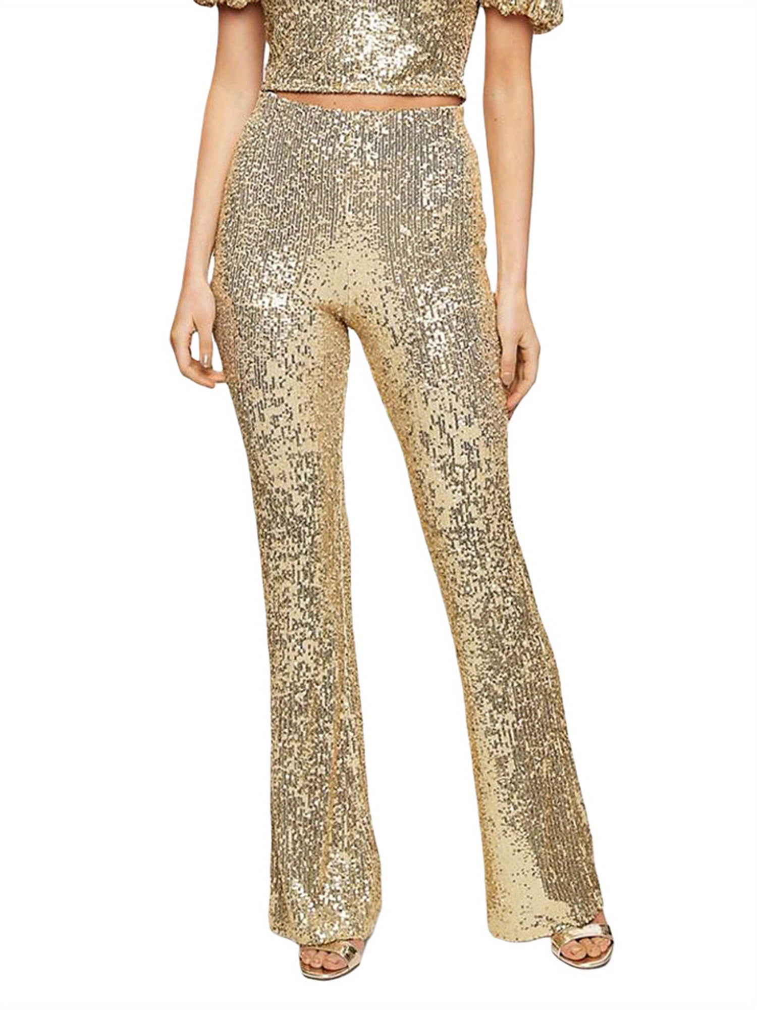 Women'S Elegant High-Waist Slim Flared Pants with Sequin Detail - Black, Elastic Waistband, Bell Bottoms for Spring\u002FSummer\u002FFall, Seasonal Fashion, Sophisticated Style, Glittery Finish