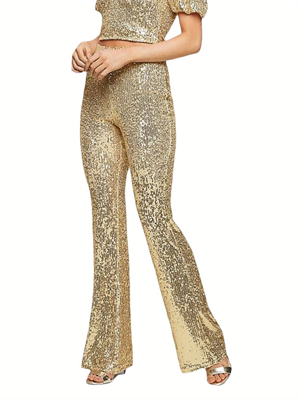 Women'S Elegant High-Waist Slim Flared Pants with Sequin Detail - Black, Elastic Waistband, Bell Bottoms for Spring\u002FSummer\u002FFall, Seasonal Fashion, Sophisticated Style, Glittery Finish