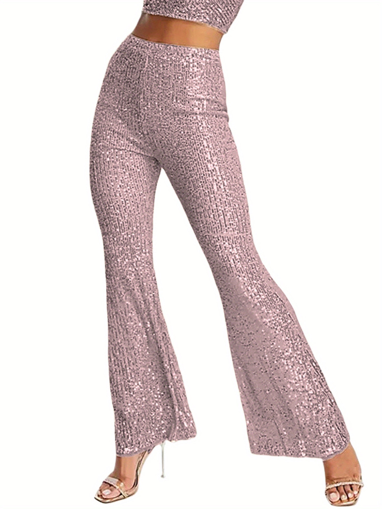 Women'S Elegant High-Waist Slim Flared Pants with Sequin Detail - Black, Elastic Waistband, Bell Bottoms for Spring\u002FSummer\u002FFall, Seasonal Fashion, Sophisticated Style, Glittery Finish
