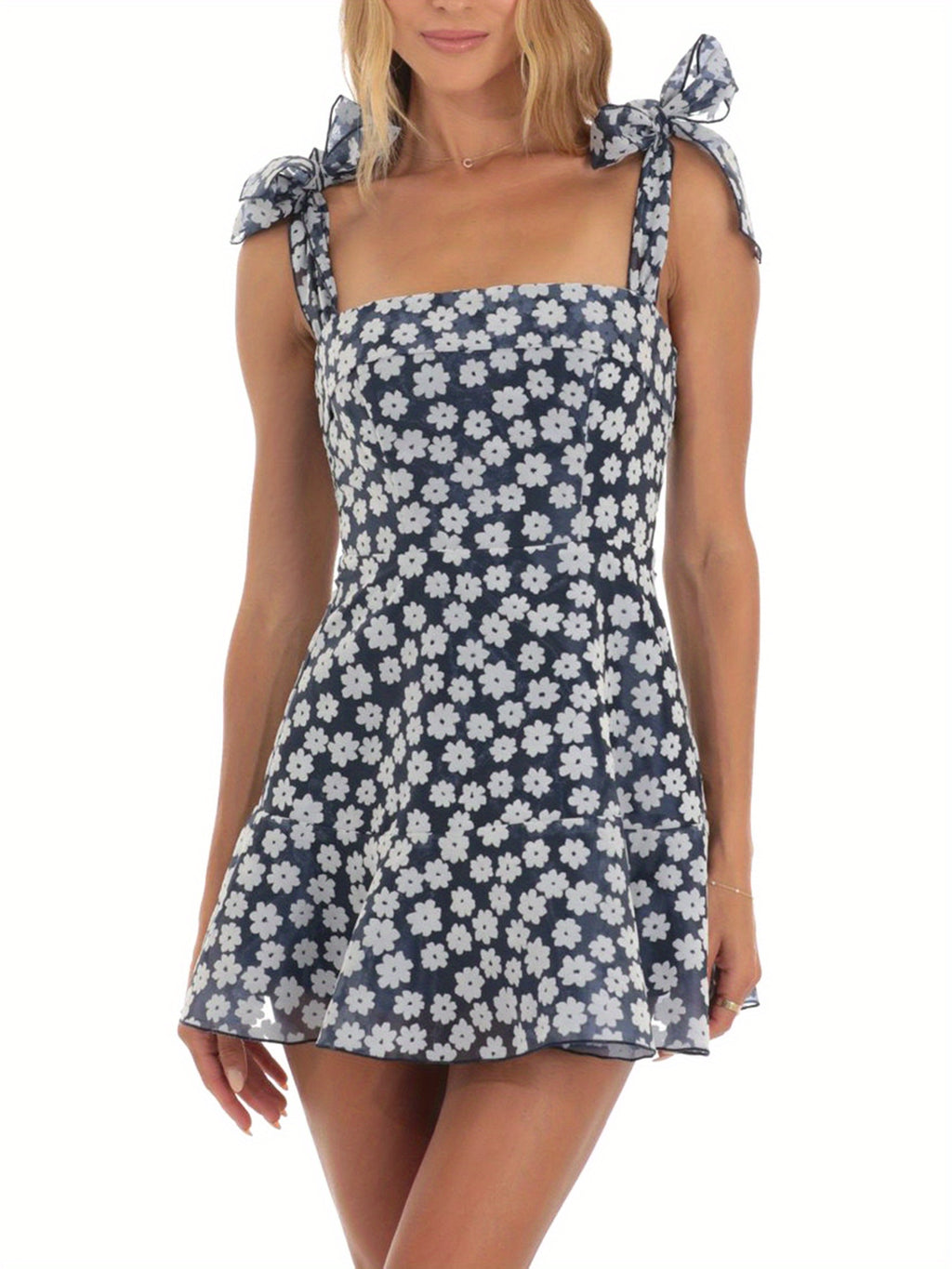 Women Summer Casual Dress Floral Print Tie-Up Shoulder Strap Mini Dress Fashion Double Layer Backless Cami Dress