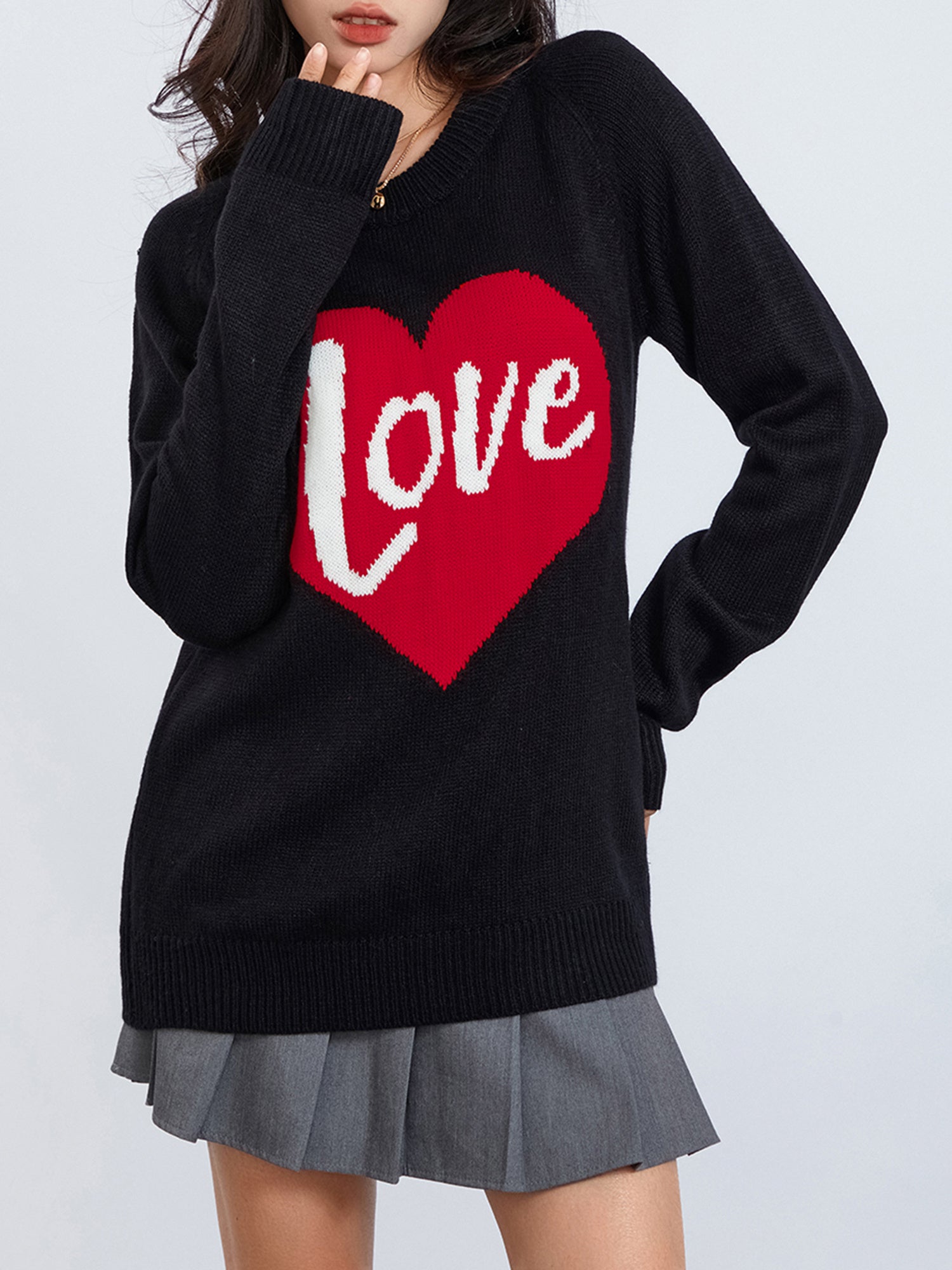 1pc Vintage Style Women'S Knit Sweater with Heart-Shaped