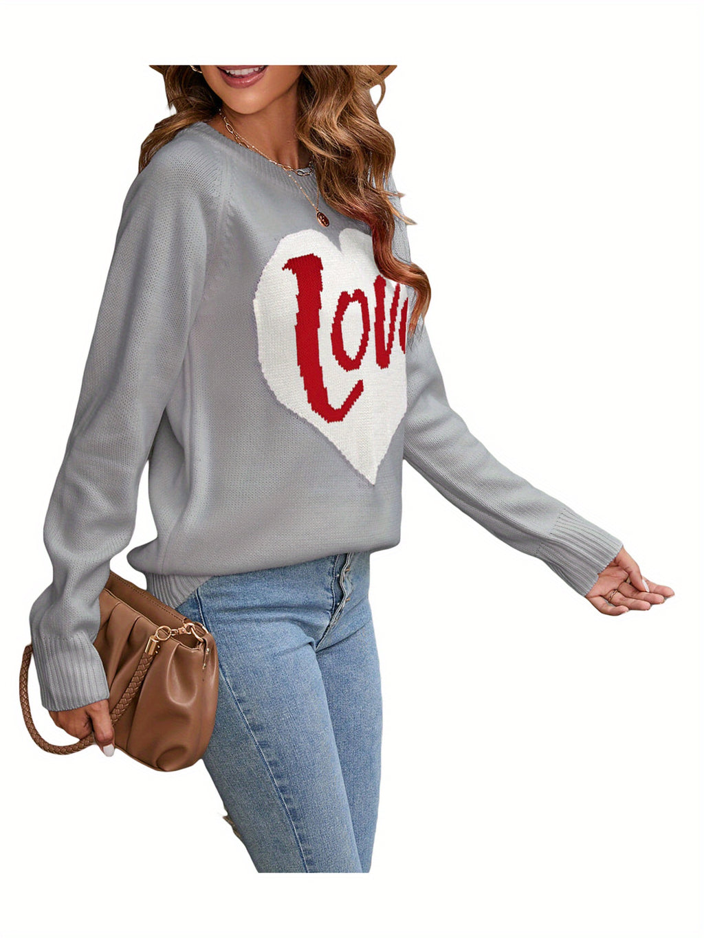 1pc Vintage Style Women'S Knit Sweater with Heart-Shaped