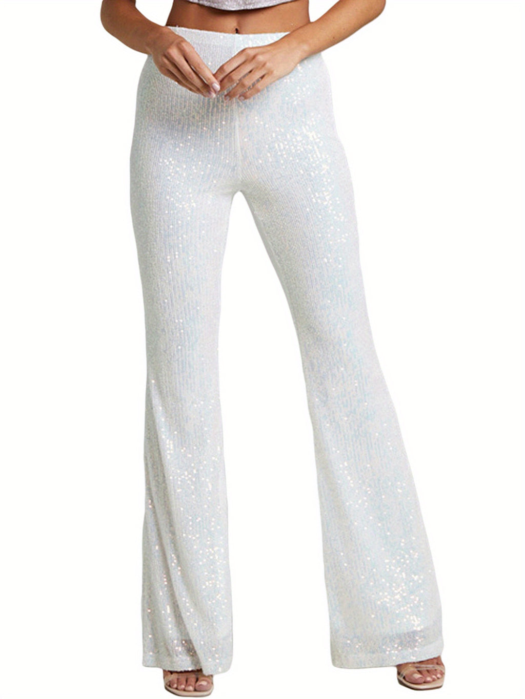 Women'S Elegant High-Waist Slim Flared Pants with Sequin Detail - Black, Elastic Waistband, Bell Bottoms for Spring\u002FSummer\u002FFall, Seasonal Fashion, Sophisticated Style, Glittery Finish