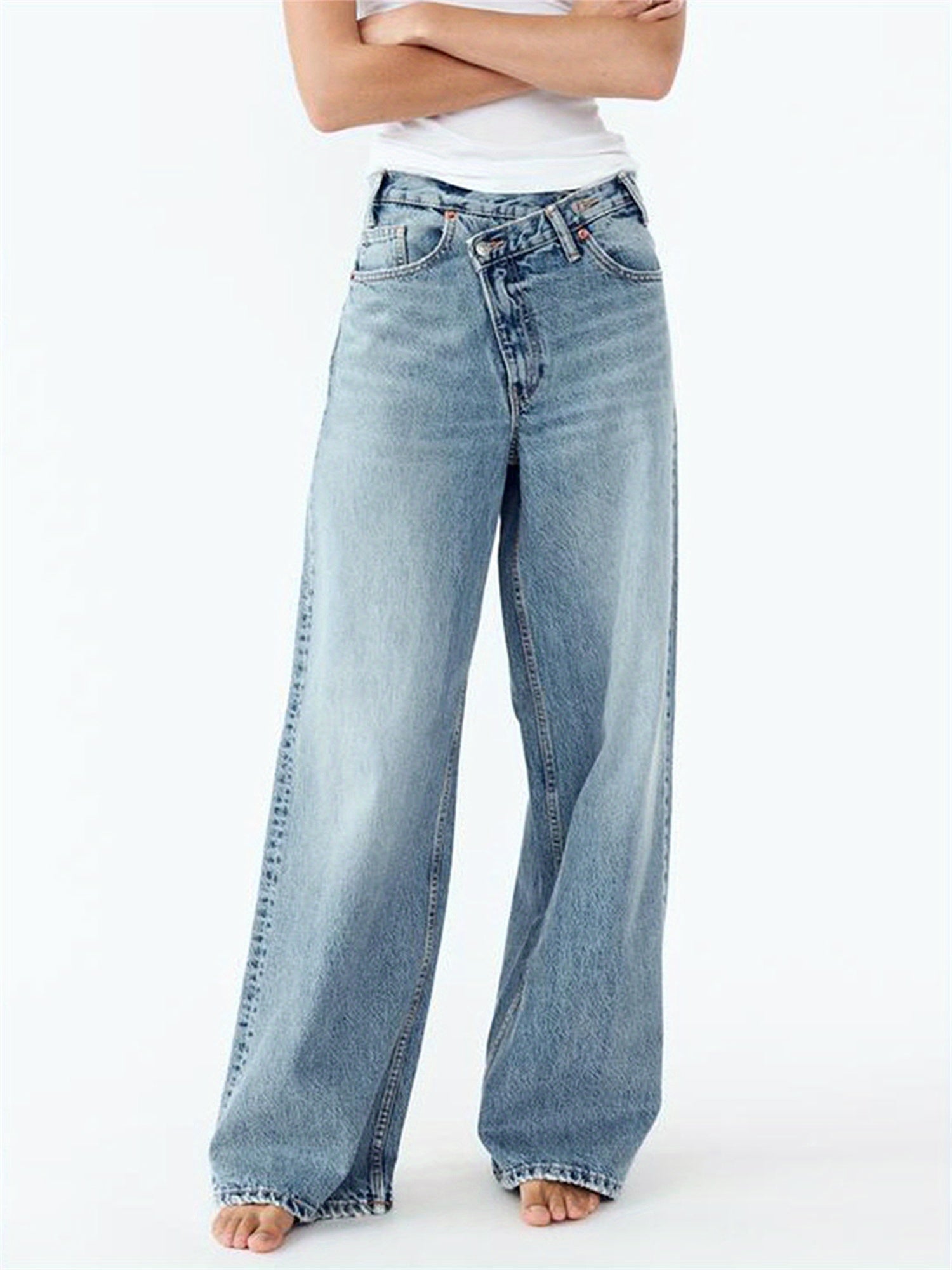 Women's Mid-Rise Wide Leg Jeans - -Washed Crossover Trousers with   & Multiple Pockets, Relaxed Loose-Fit Denim Pants for All-Season Wear, Casual to Dressy (Button Closure, Machine Washable)