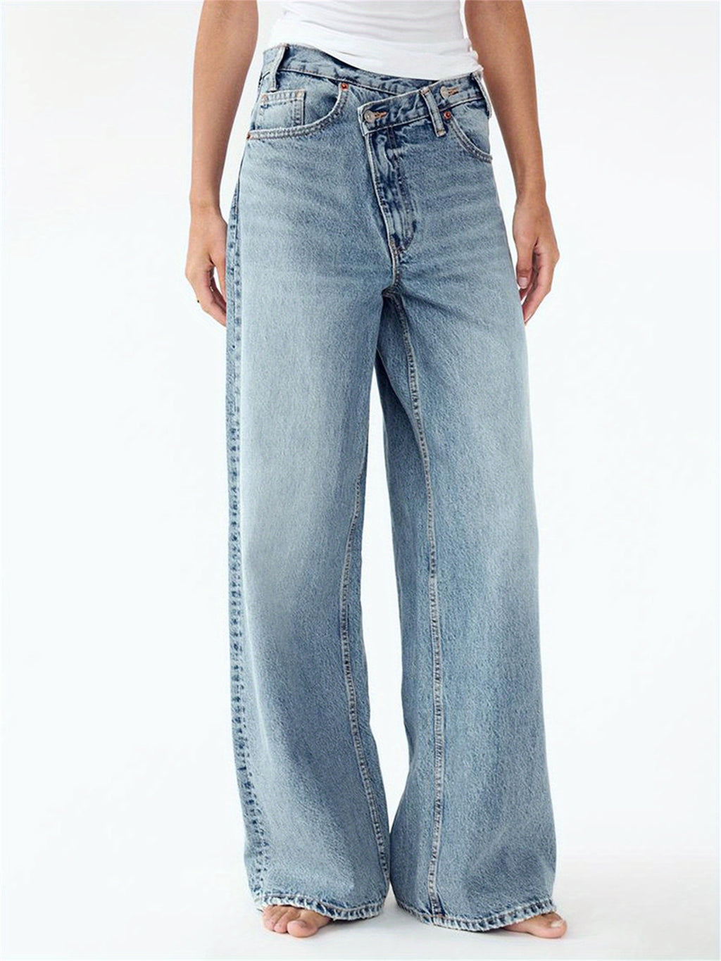 Women's Mid-Rise Wide Leg Jeans - -Washed Crossover Trousers with   & Multiple Pockets, Relaxed Loose-Fit Denim Pants for All-Season Wear, Casual to Dressy (Button Closure, Machine Washable)