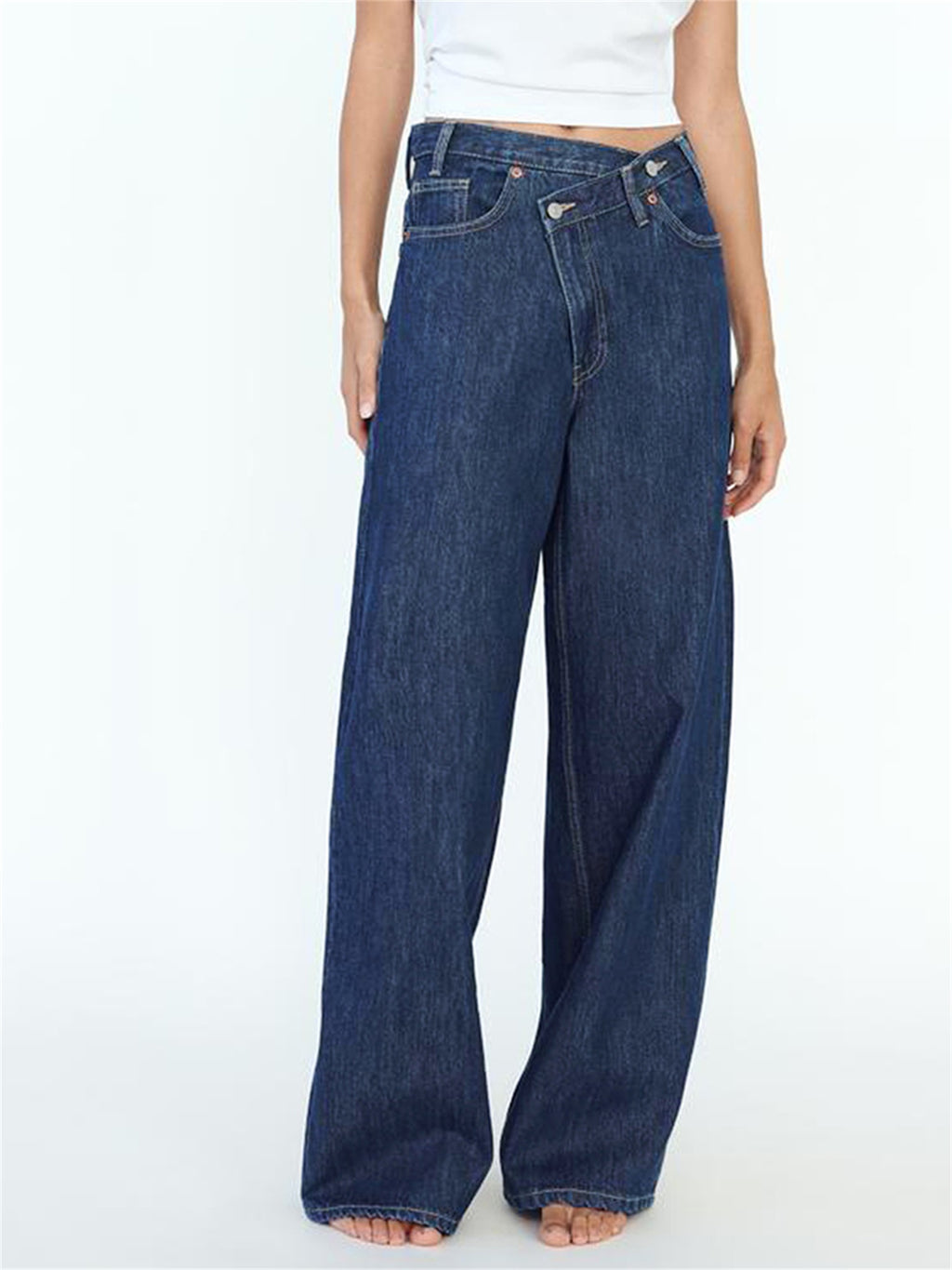 Women's Mid-Rise Wide Leg Jeans - -Washed Crossover Trousers with   & Multiple Pockets, Relaxed Loose-Fit Denim Pants for All-Season Wear, Casual to Dressy (Button Closure, Machine Washable)