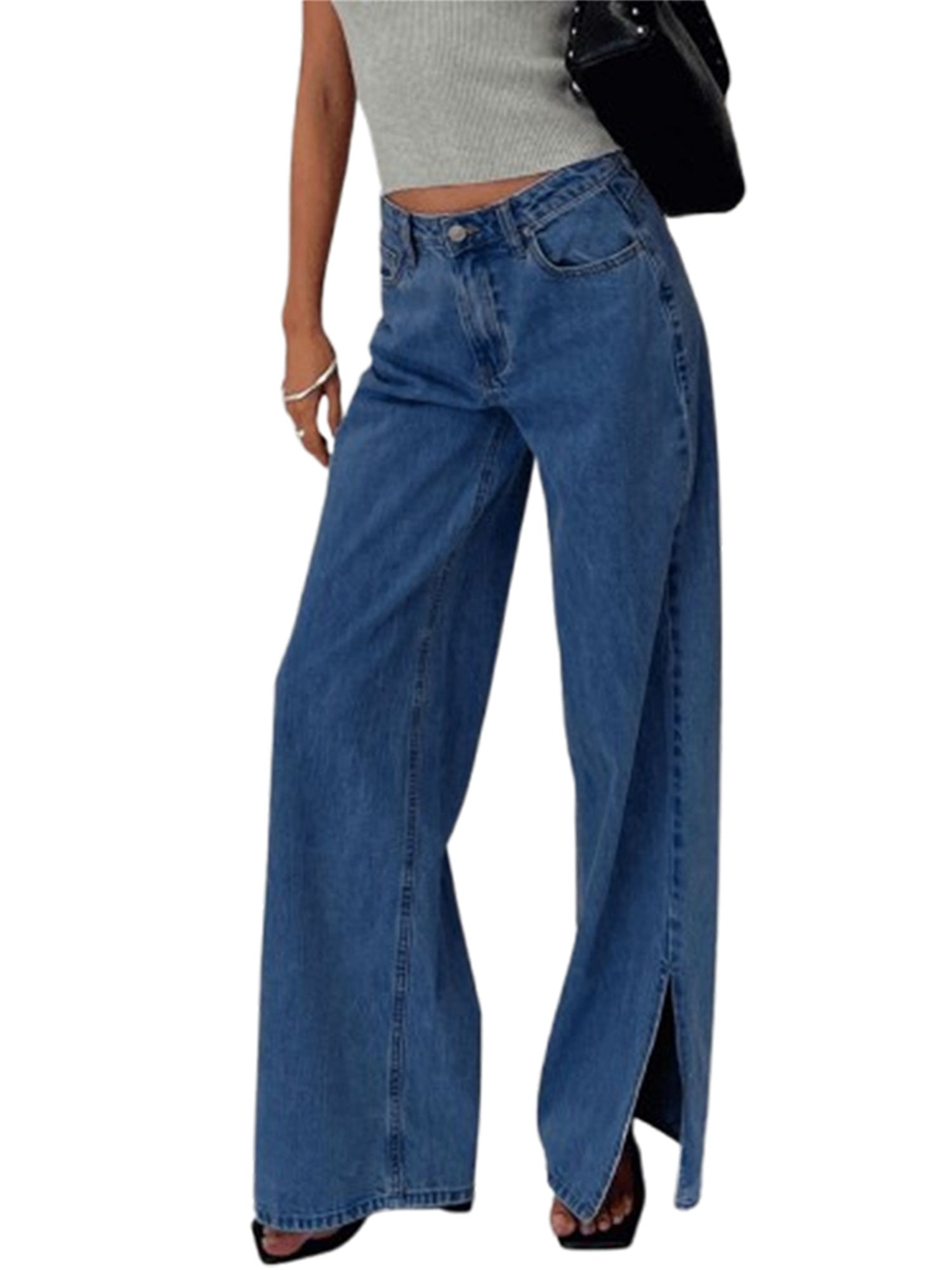 Women's Low-Rise Wide Leg Split Hem Jeans - Washed Denim Pants with Loose Fit, All-Season Casual Trousers, Machine Washable & Dry Cleanable (No Transparency) - Comfortable Wide Leg for Jeans Skirts\u002FOutfits (Stock Collection)