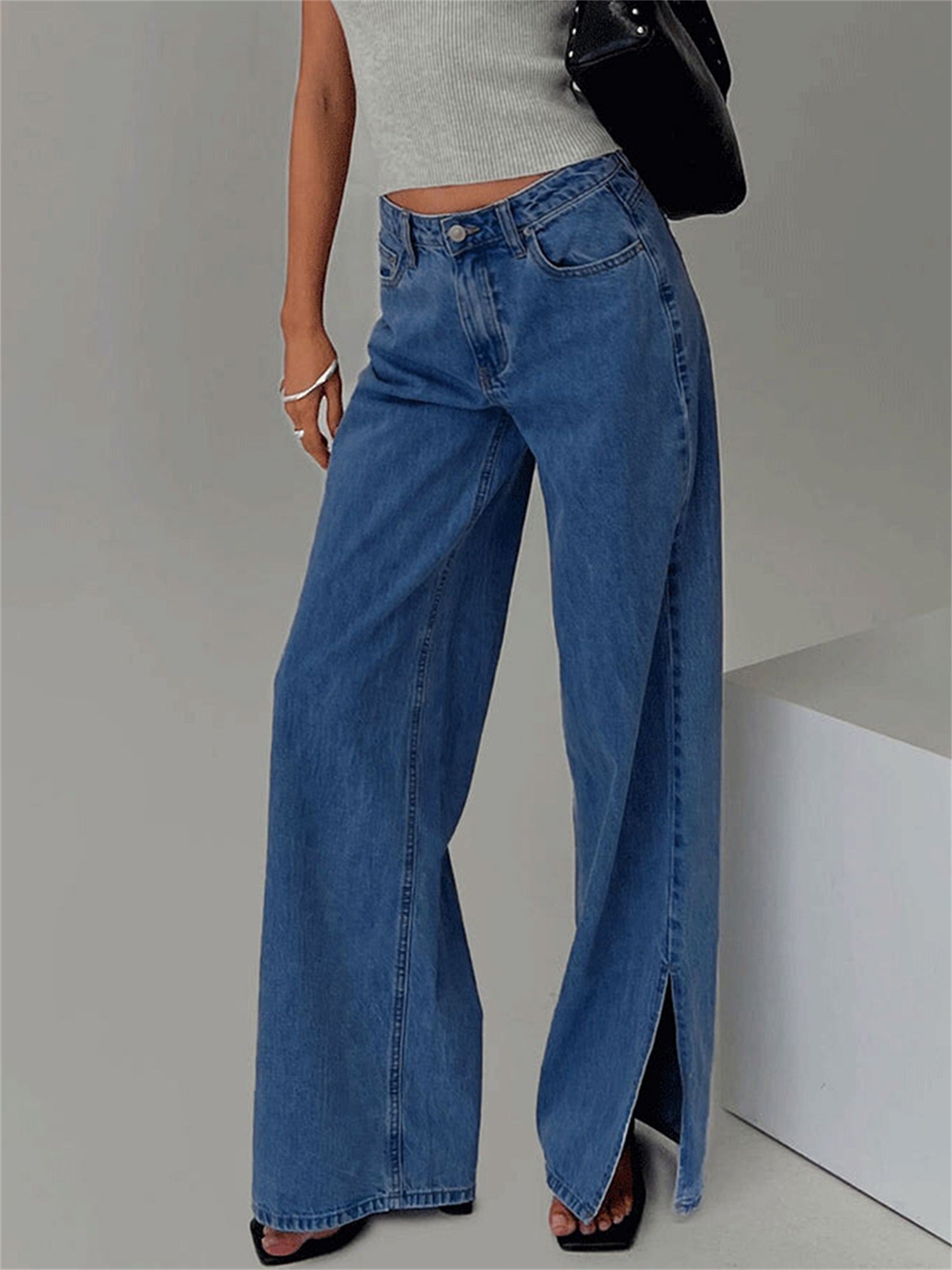 Women's Low-Rise Wide Leg Split Hem Jeans - Washed Denim Pants with Loose Fit, All-Season Casual Trousers, Machine Washable & Dry Cleanable (No Transparency) - Comfortable Wide Leg for Jeans Skirts\u002FOutfits (Stock Collection)