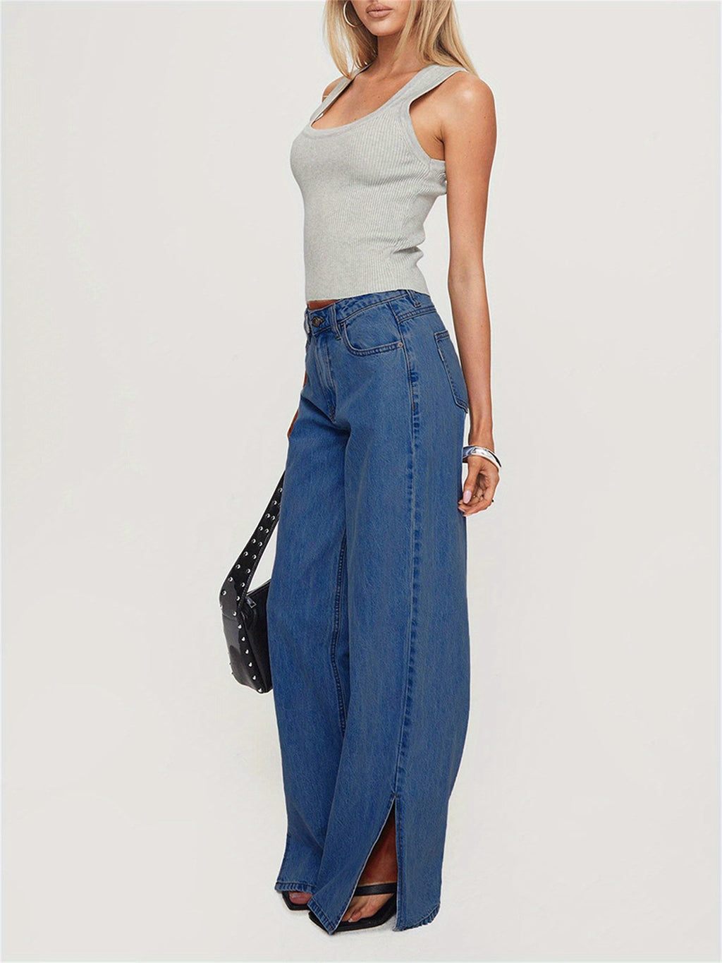 Women's Low-Rise Wide Leg Split Hem Jeans - Washed Denim Pants with Loose Fit, All-Season Casual Trousers, Machine Washable & Dry Cleanable (No Transparency) - Comfortable Wide Leg for Jeans Skirts\u002FOutfits (Stock Collection)