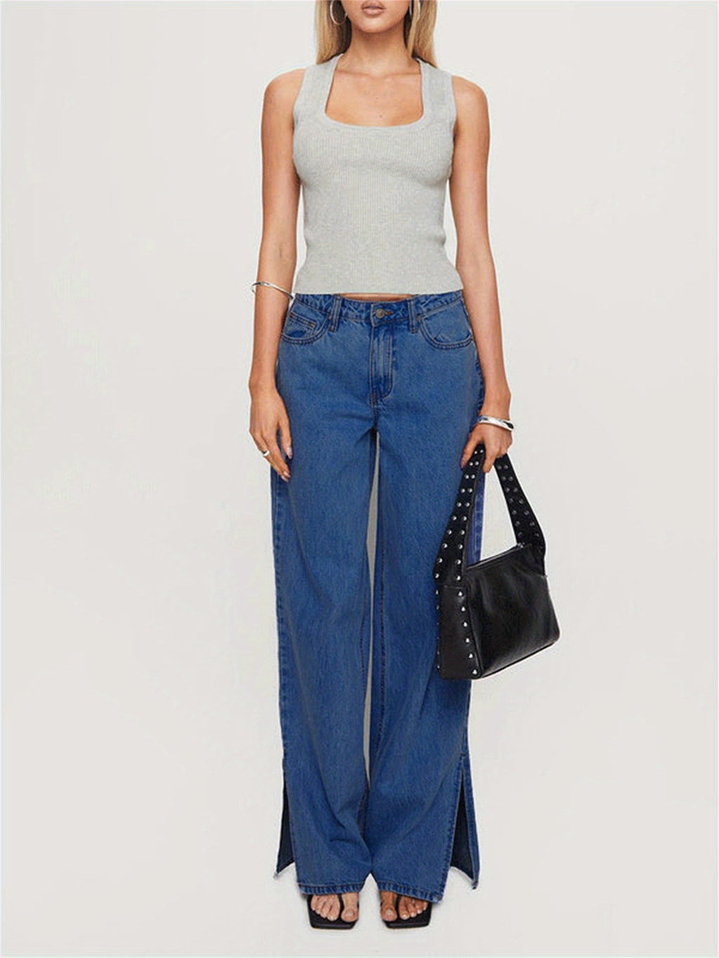 Women's Low-Rise Wide Leg Split Hem Jeans - Washed Denim Pants with Loose Fit, All-Season Casual Trousers, Machine Washable & Dry Cleanable (No Transparency) - Comfortable Wide Leg for Jeans Skirts\u002FOutfits (Stock Collection)
