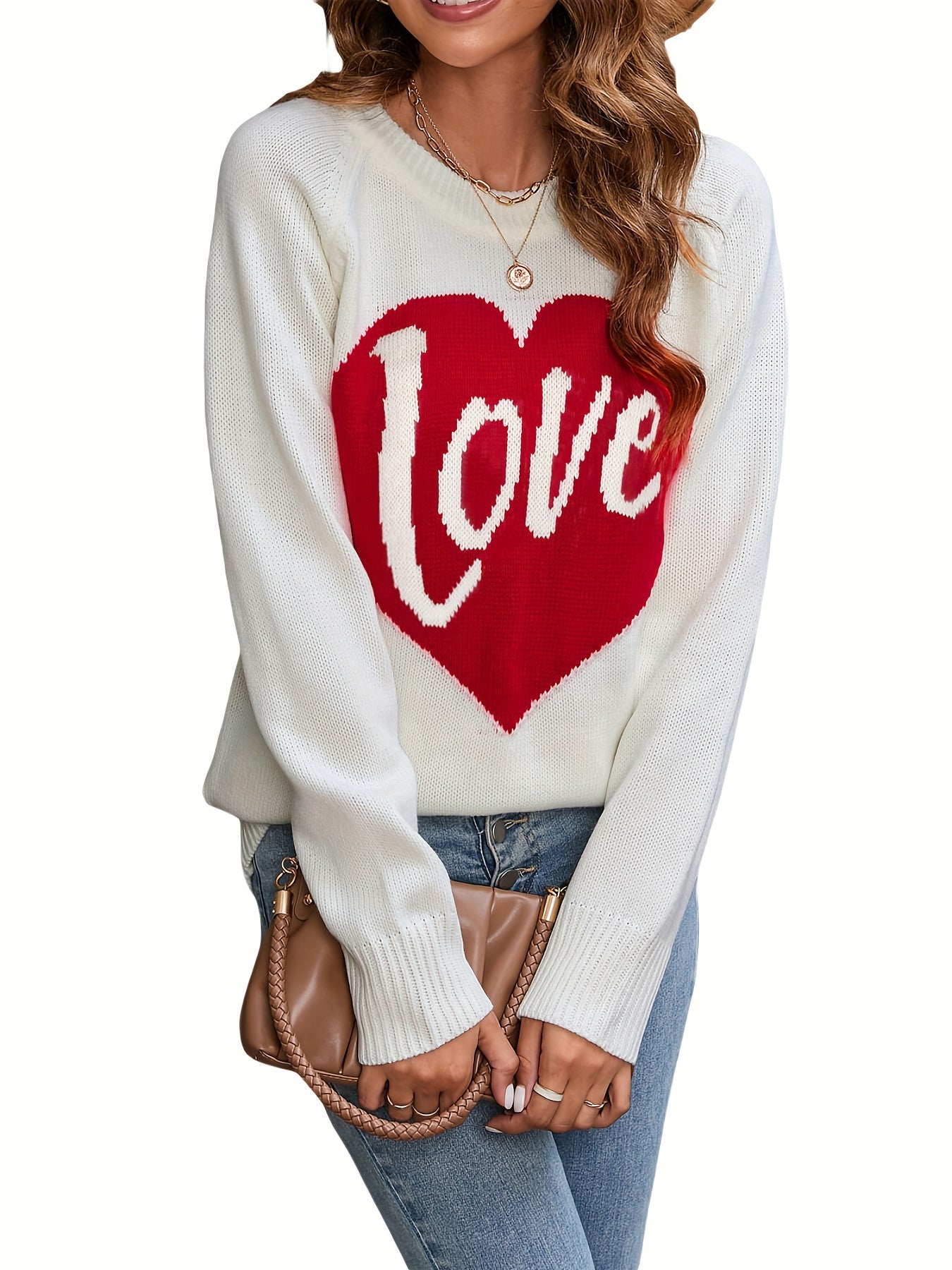 1pc Vintage Style Women'S Knit Sweater with Heart-Shaped