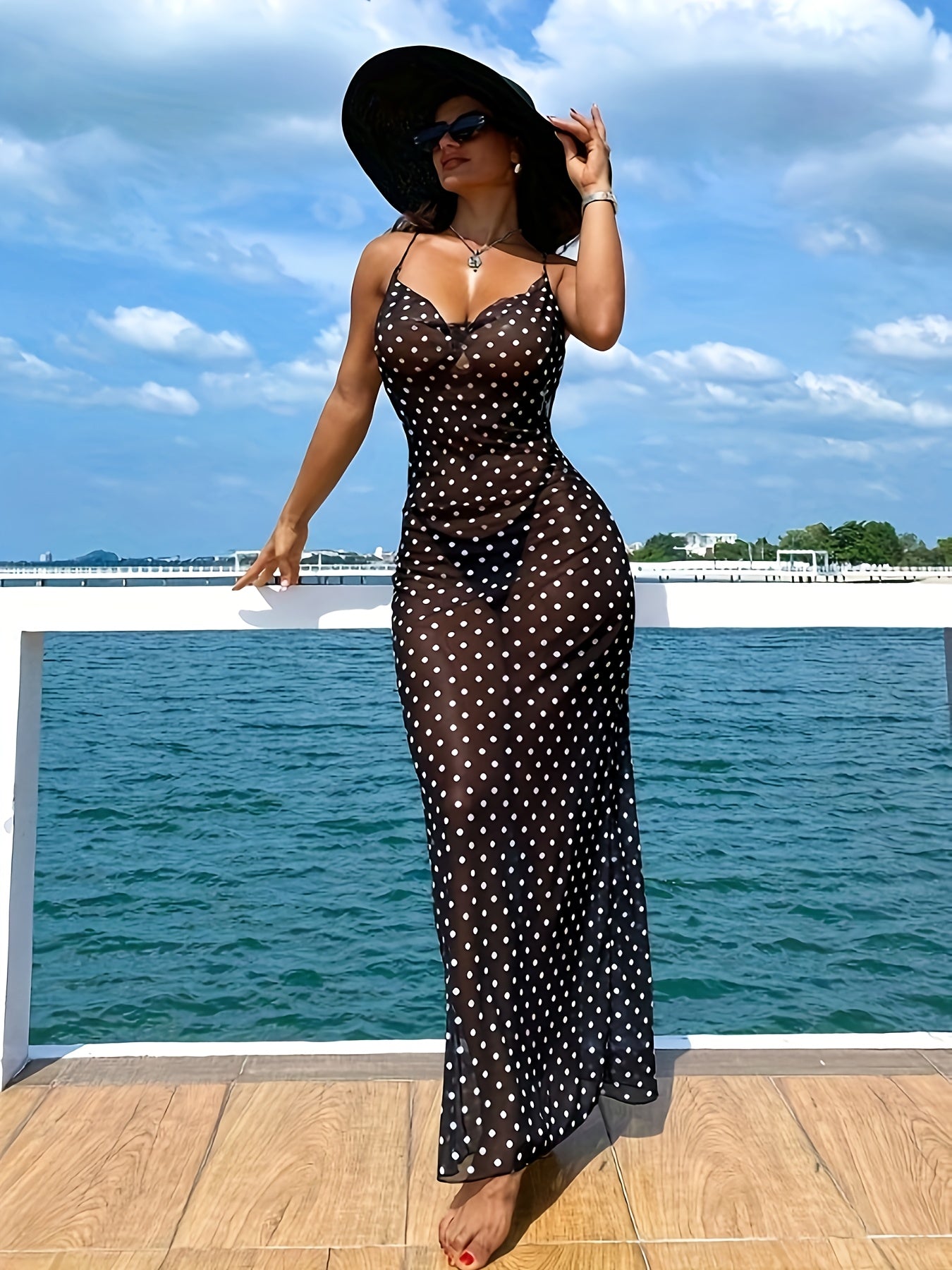 Women'S Elegant Polka Dot Slip Dress with Adjustable Thin Straps - Perfect for Summer Vacations, Beach Cover-Up, and Casual Outings, Beach Coverup Dress | Stylish Maxi Dress | Polyester Fabric