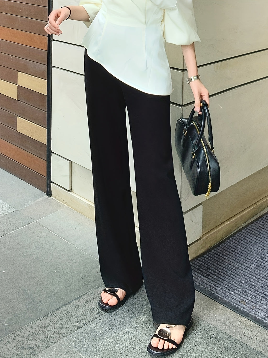 Women's Light Grey Straight-Leg Casual Pants - Non-Stretch Acetate Trousers with Pockets, Regular Fit Long Length for Spring\u002FFall, Versatile for Commuting & Casual Outings, Spring Fall Clothing, Minimalist Design, Practical Pockets