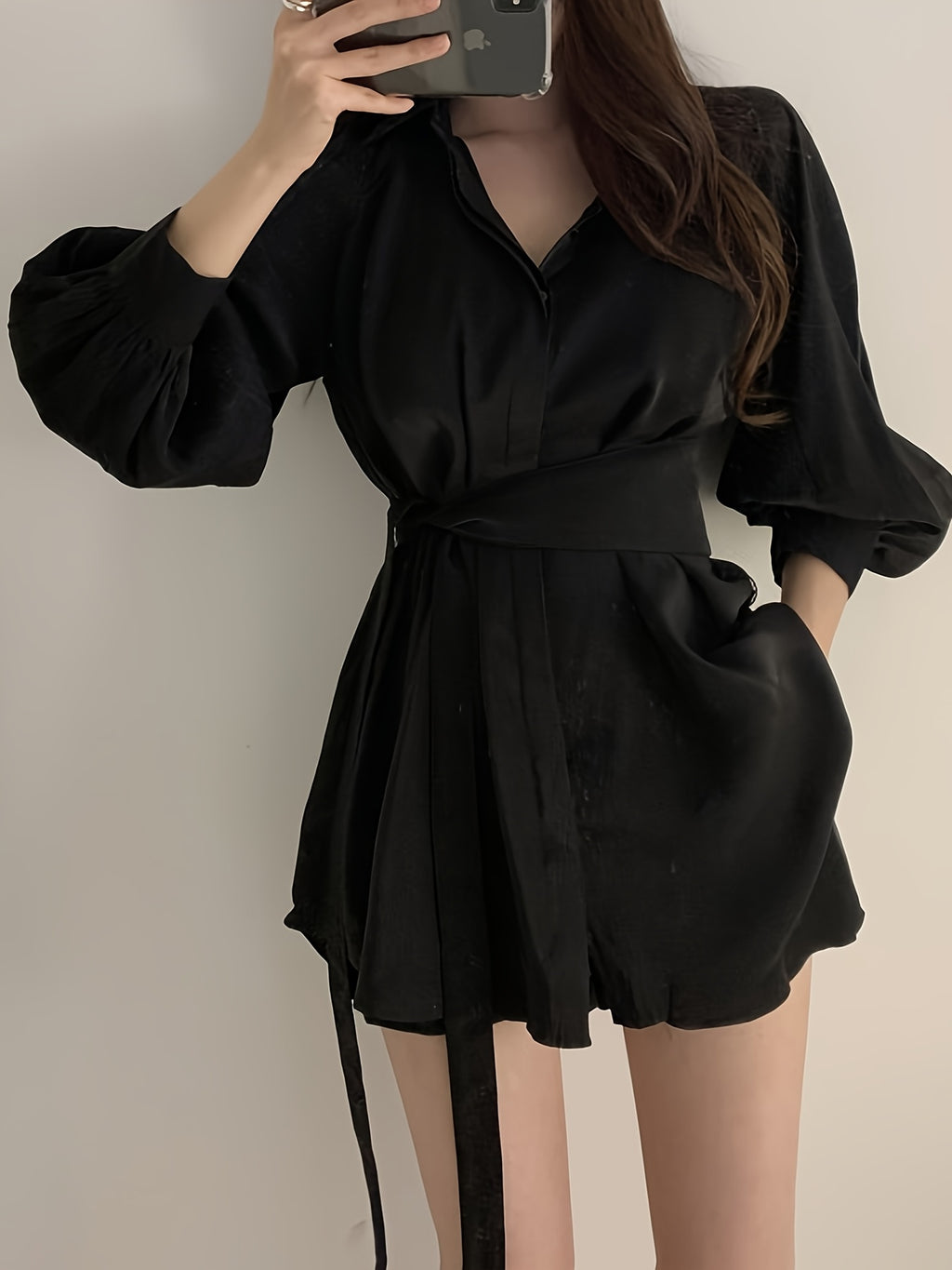 Temperament Waist Slim Blouse Spring And Autumn Design Sense Niche Balloon Sleeve Mid-length Shirt Dress Casual Big-name Versatile Comfortable Dress Set
