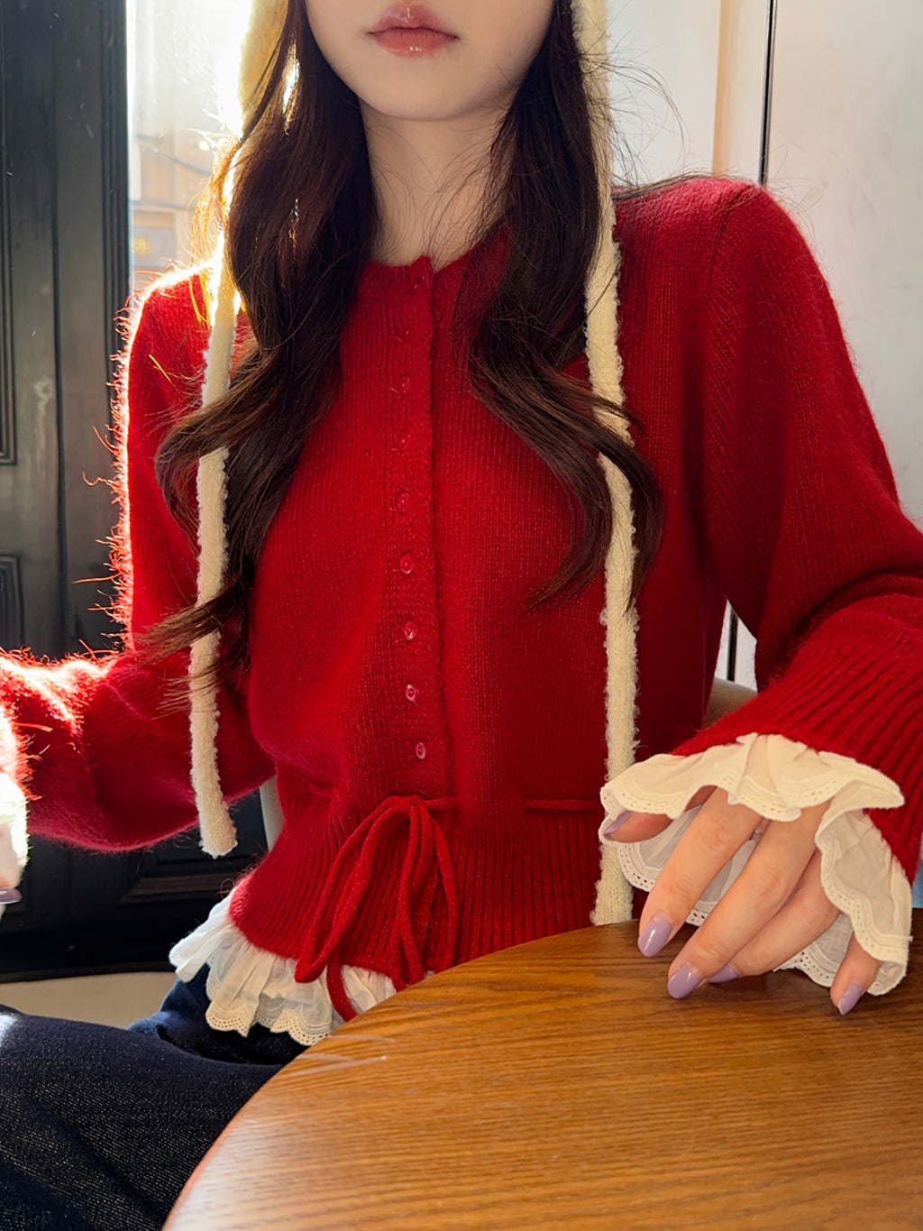 Women's Red Lace Trim Cardigan with Fitted Waist & Puff Sleeves - Cozy Machine-Washable Round Neck Sweater for Fall Winter Layering, Sweater Cardigan, Layering Piece, Crochet Texture, Textured Knitwear