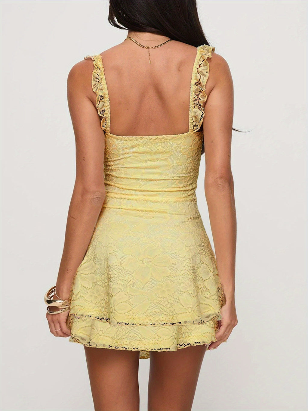 1pc Elegant Cotton Blend Mini Dress for Women - Sleeveless, Low Cut, Spaghetti Strap, Contrast Lace, A-Line, Tiered Hem, Solid Color, Knit Fabric, All Seasons